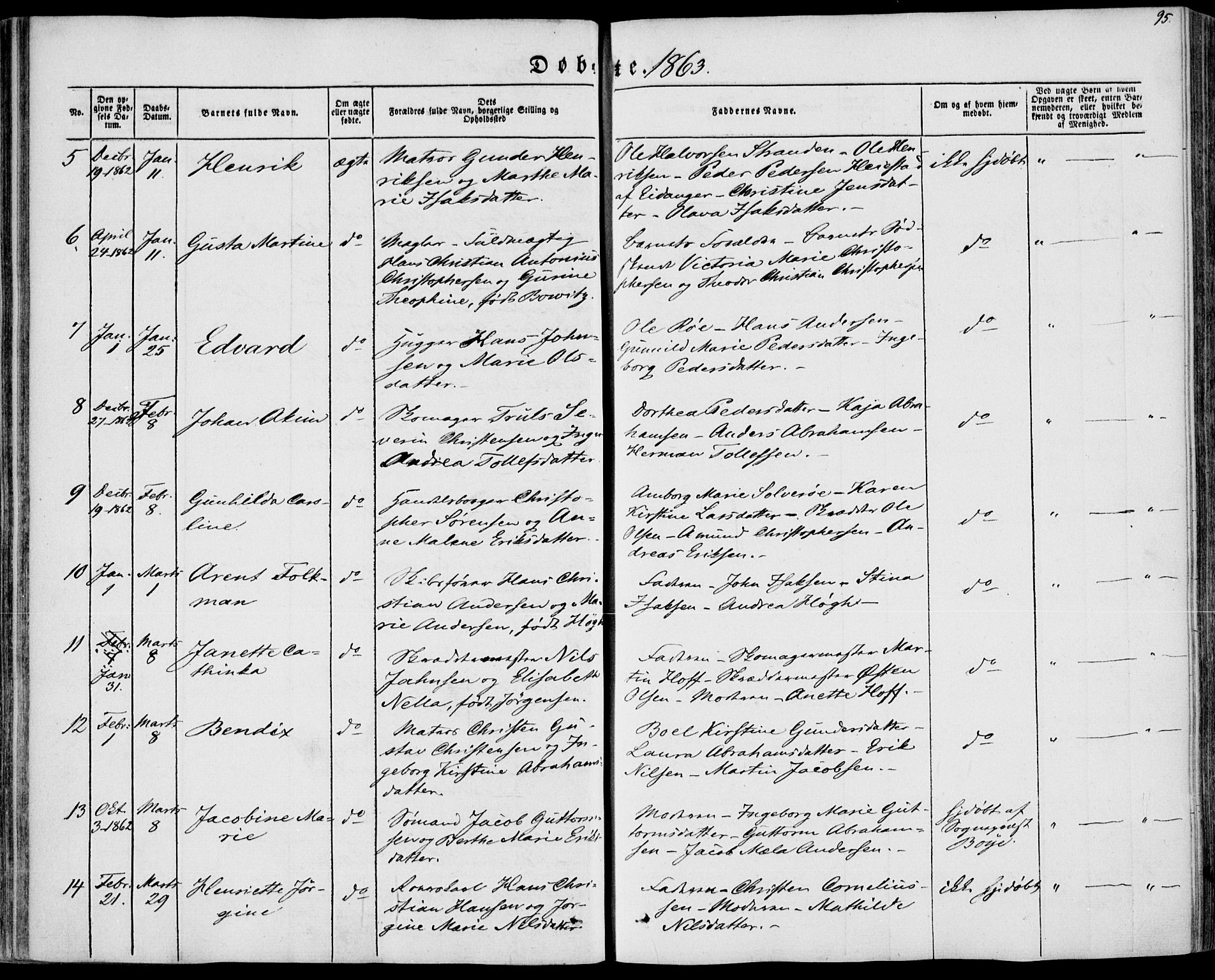 Brevik kirkebøker, AV/SAKO-A-255/F/Fa/L0005: Parish register (official) no. 5, 1847-1865, p. 95