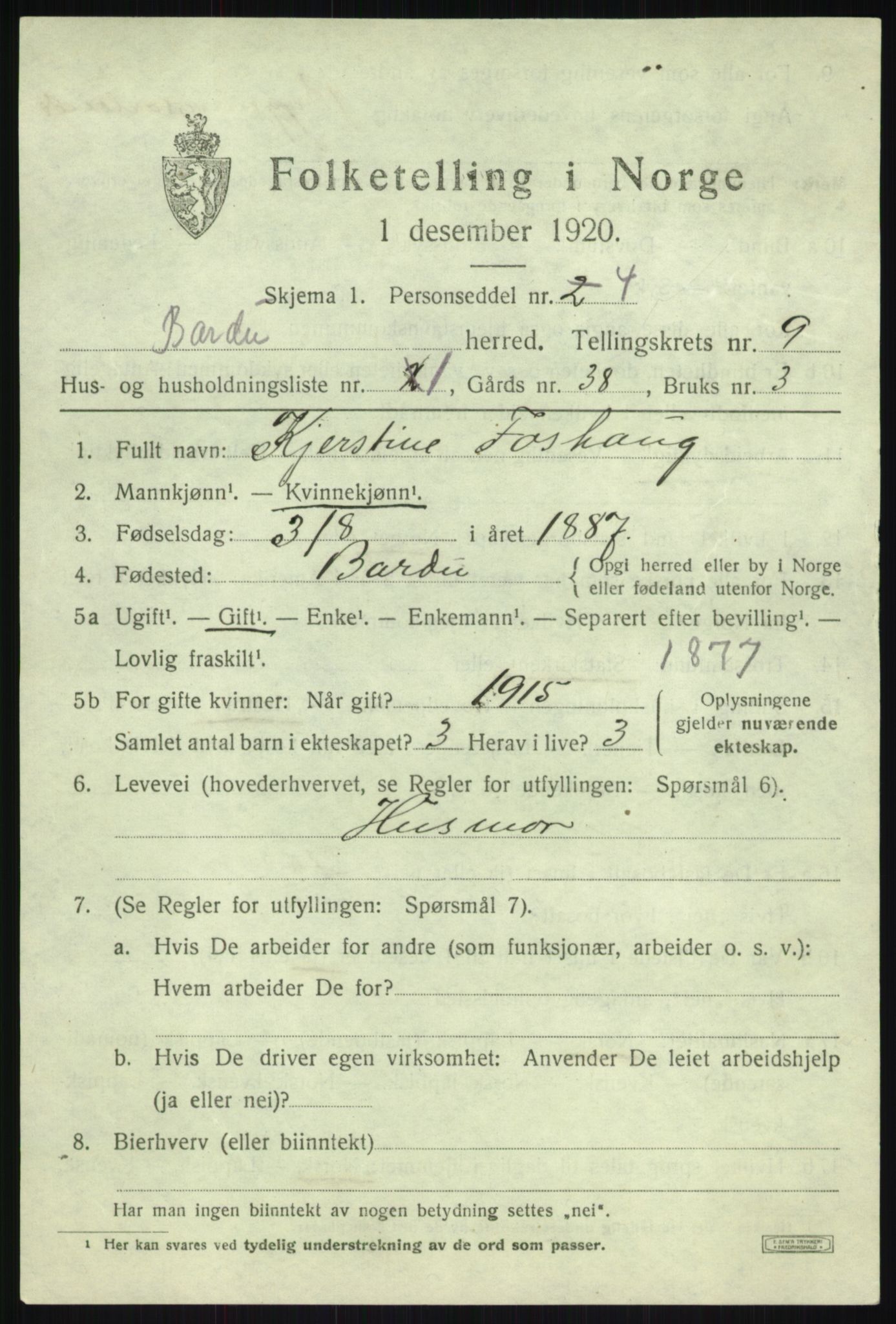 SATØ, 1920 census for Bardu, 1920, p. 3173