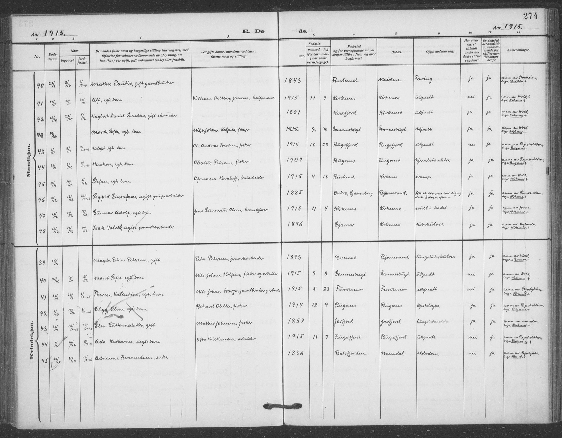 Sør-Varanger sokneprestkontor, AV/SATØ-S-1331/H/Ha/L0005kirke: Parish register (official) no. 5, 1909-1919, p. 274