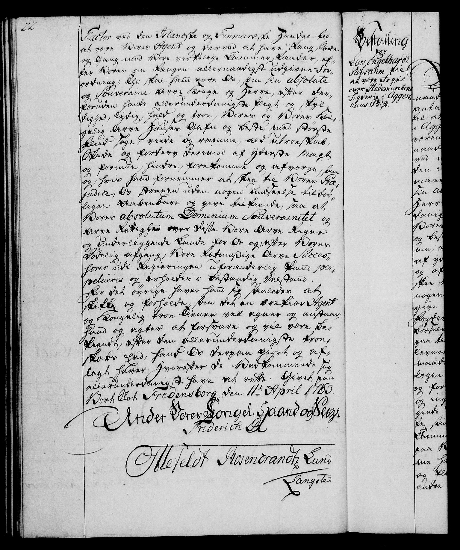 Rentekammeret, Kammerkanselliet, RA/EA-3111/G/Gg/Gge/L0004: Norsk bestallingsprotokoll med register (merket RK 53.28), 1762-1771, p. 22