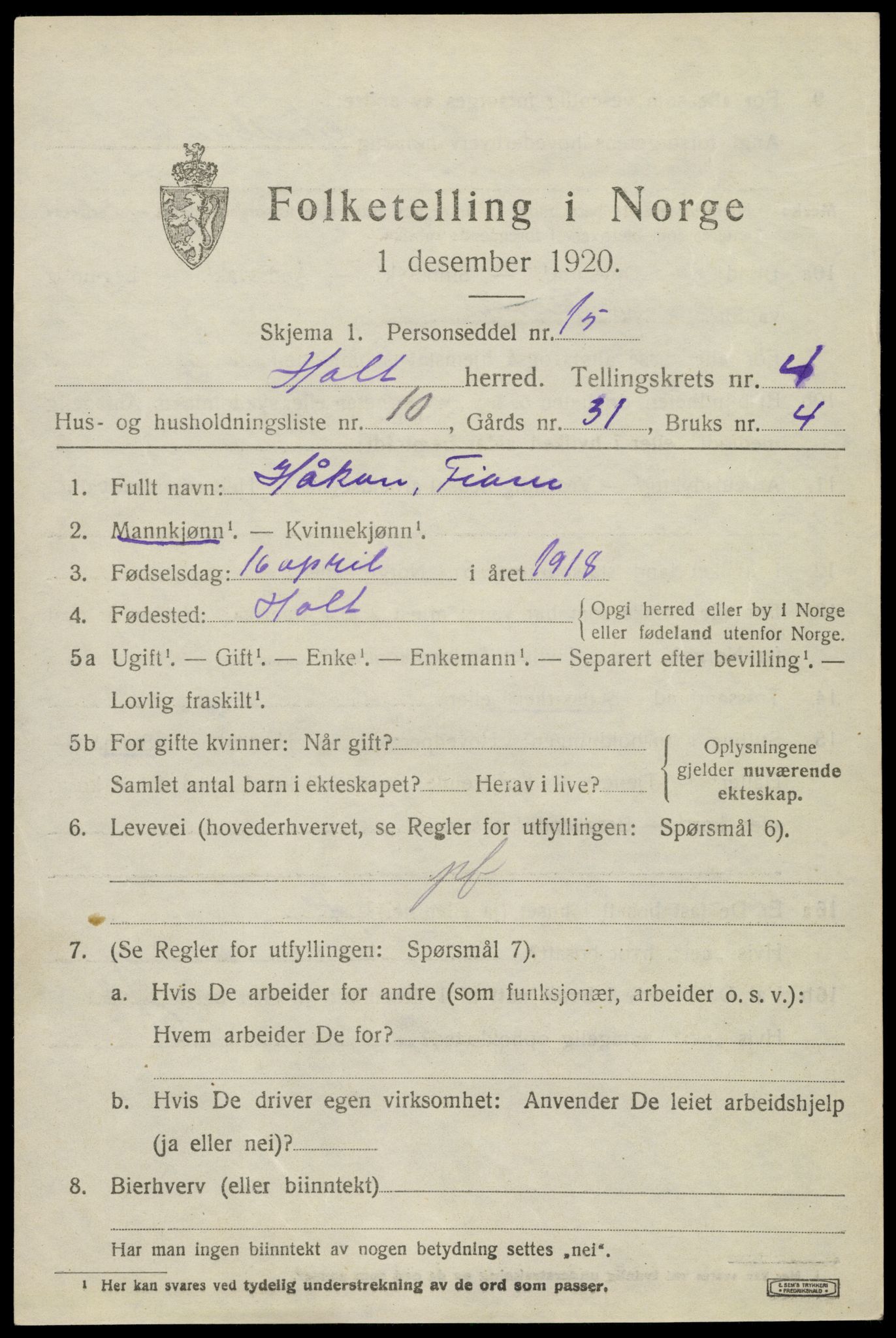 SAK, 1920 census for Holt, 1920, p. 3020