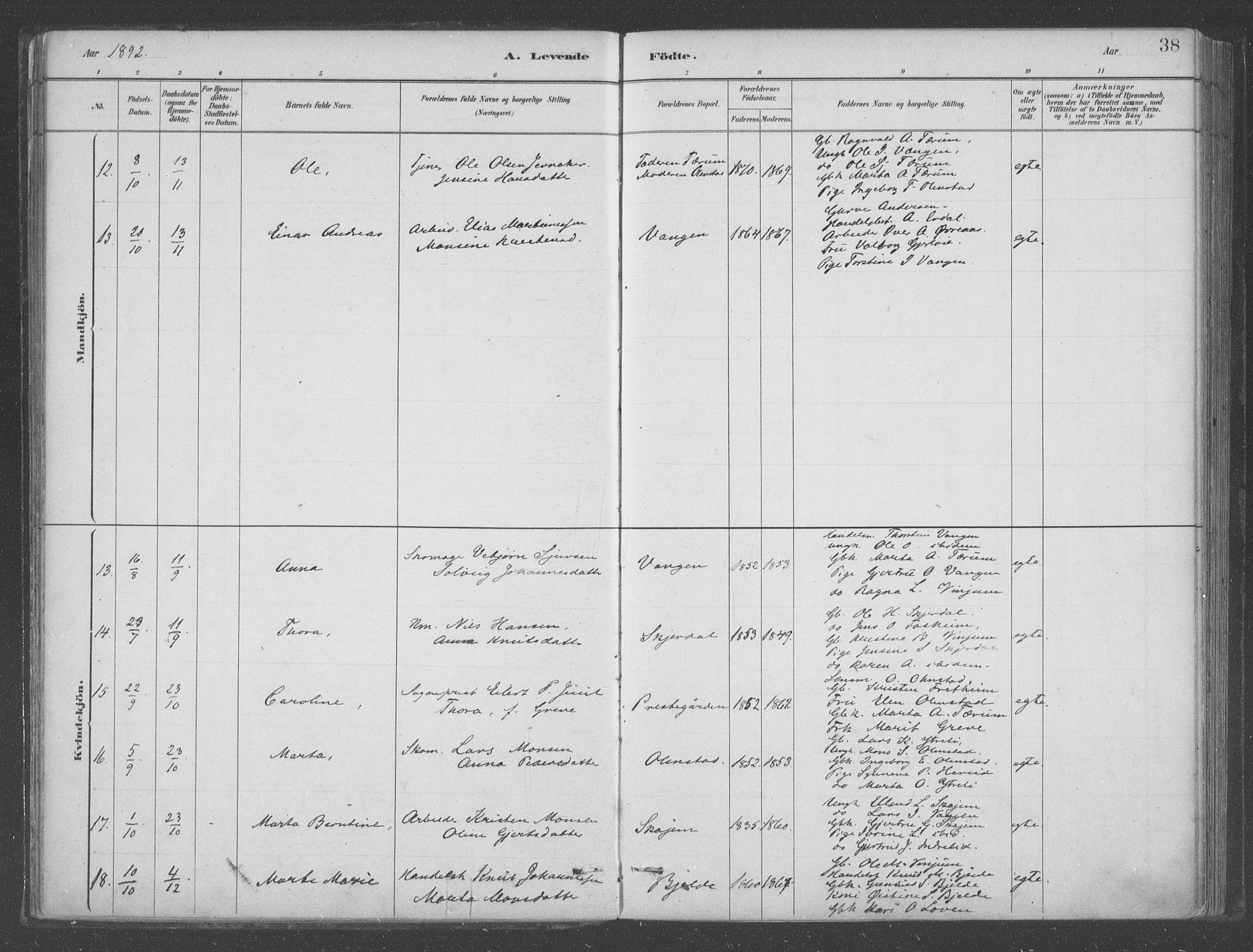 Aurland sokneprestembete, AV/SAB-A-99937/H/Ha/Hab/L0001: Parish register (official) no. B  1, 1880-1909, p. 38