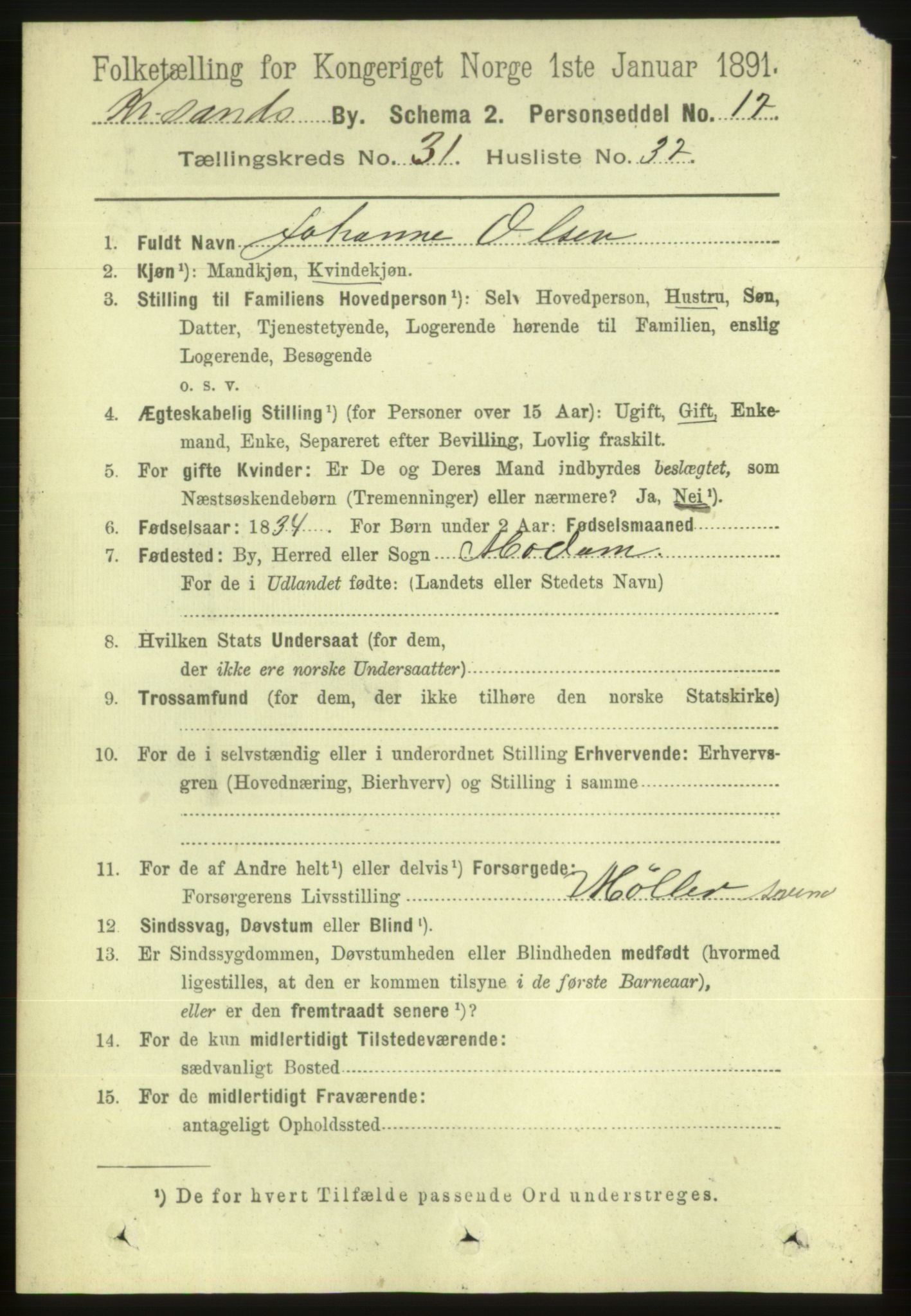 RA, 1891 census for 1001 Kristiansand, 1891, p. 10085