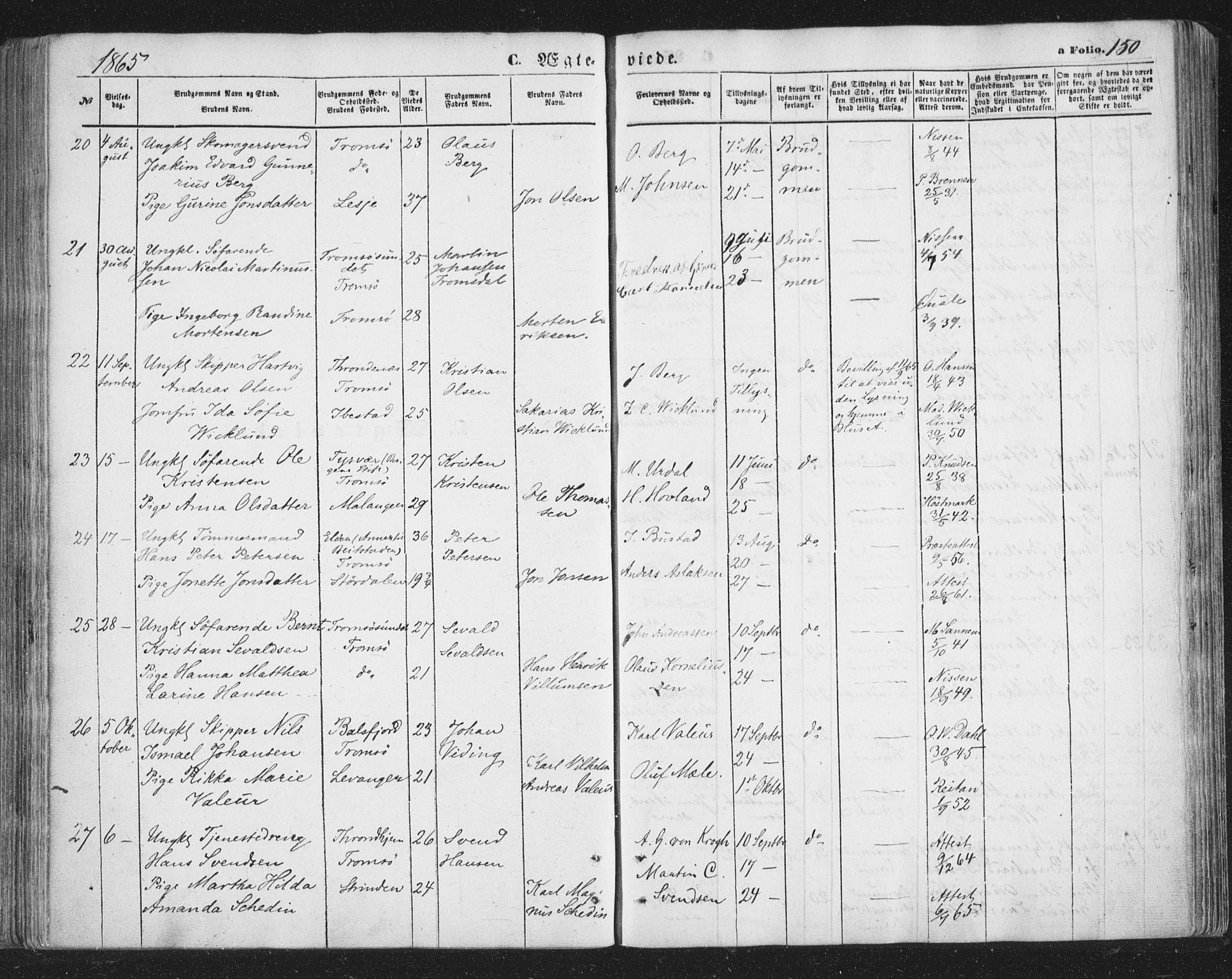 Tromsø sokneprestkontor/stiftsprosti/domprosti, SATØ/S-1343/G/Ga/L0012kirke: Parish register (official) no. 12, 1865-1871, p. 150