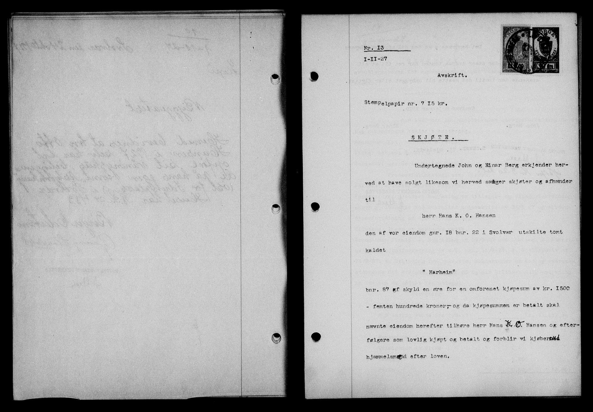 Lofoten sorenskriveri, AV/SAT-A-0017/1/2/2C/L0016b: Mortgage book no. 16b, 1927-1927, Deed date: 01.11.1927