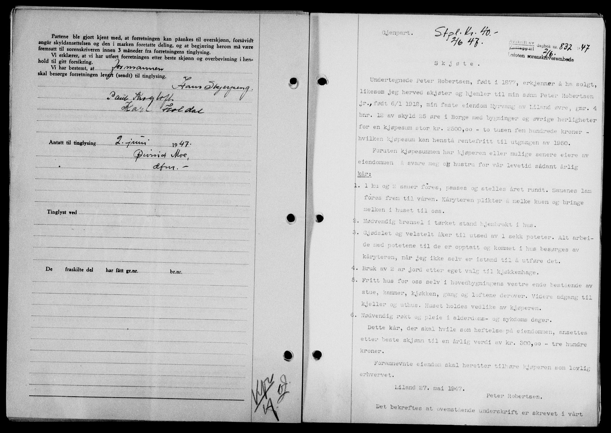 Lofoten sorenskriveri, SAT/A-0017/1/2/2C/L0016a: Mortgage book no. 16a, 1947-1947, Diary no: : 832/1947