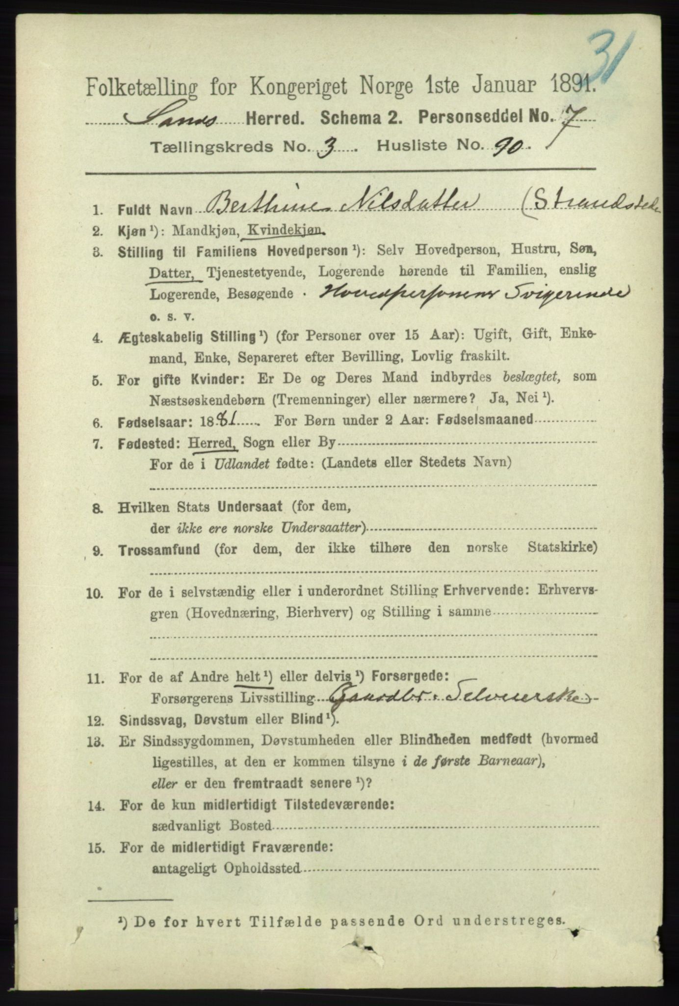 RA, 1891 census for 1136 Sand, 1891, p. 1151