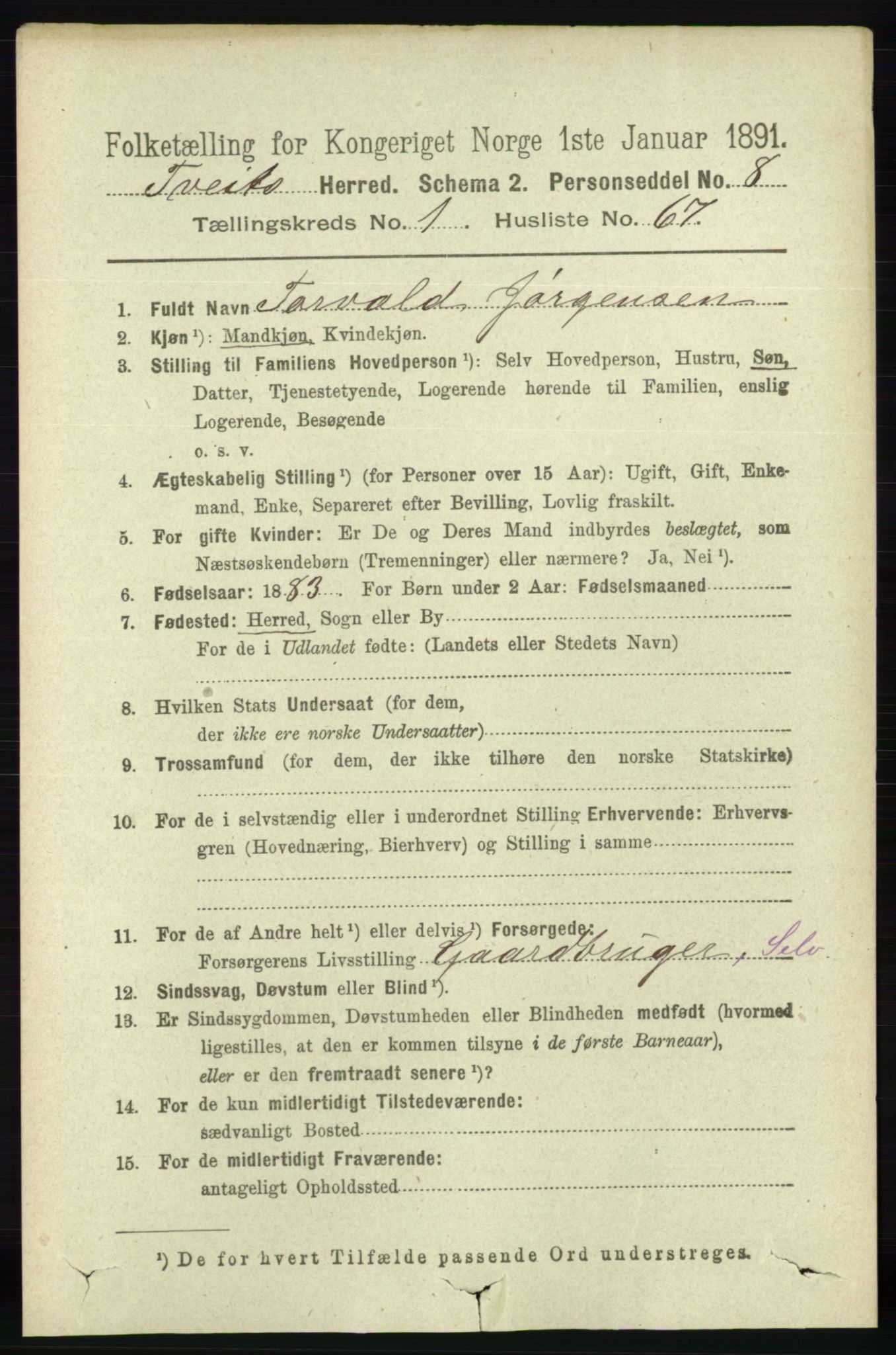 RA, 1891 census for 1013 Tveit, 1891, p. 409