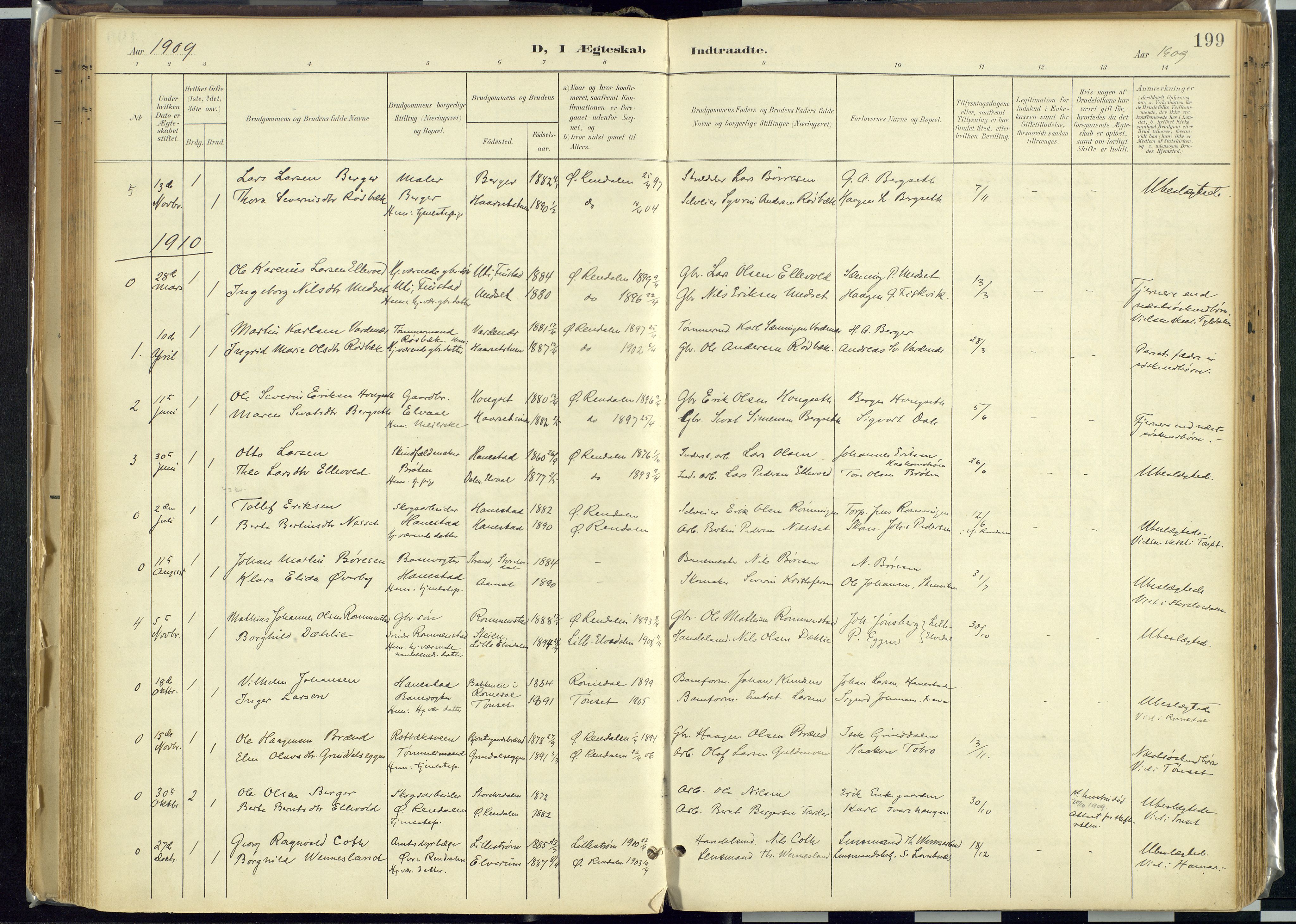 Rendalen prestekontor, SAH/PREST-054/H/Ha/Haa/L0012: Parish register (official) no. 12, 1901-1928, p. 199