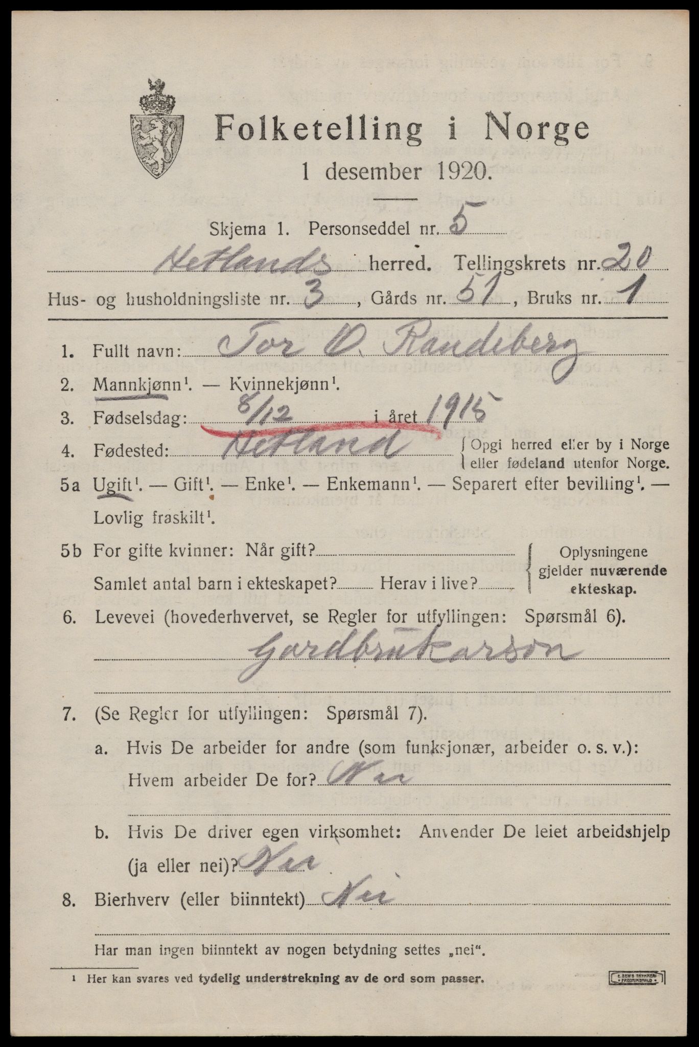 SAST, 1920 census for Hetland, 1920, p. 26483