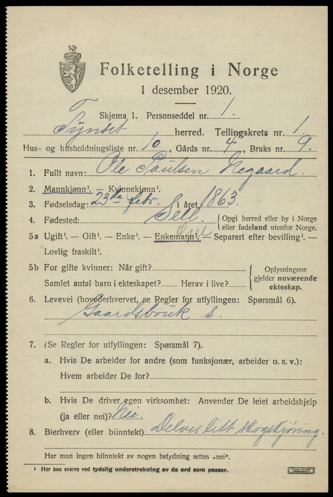 SAH, 1920 census for Tynset, 1920, p. 1630