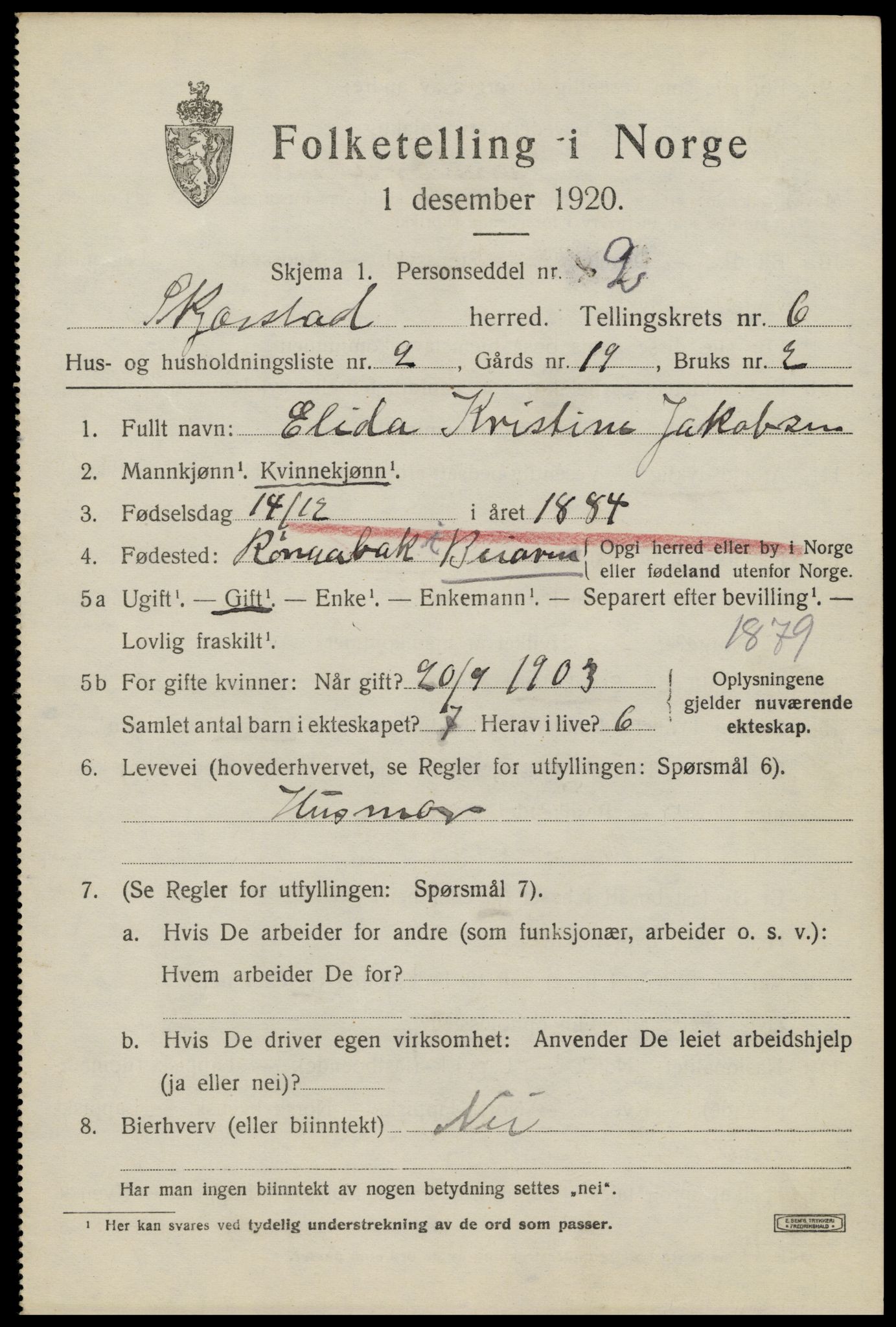 SAT, 1920 census for Skjerstad, 1920, p. 2157