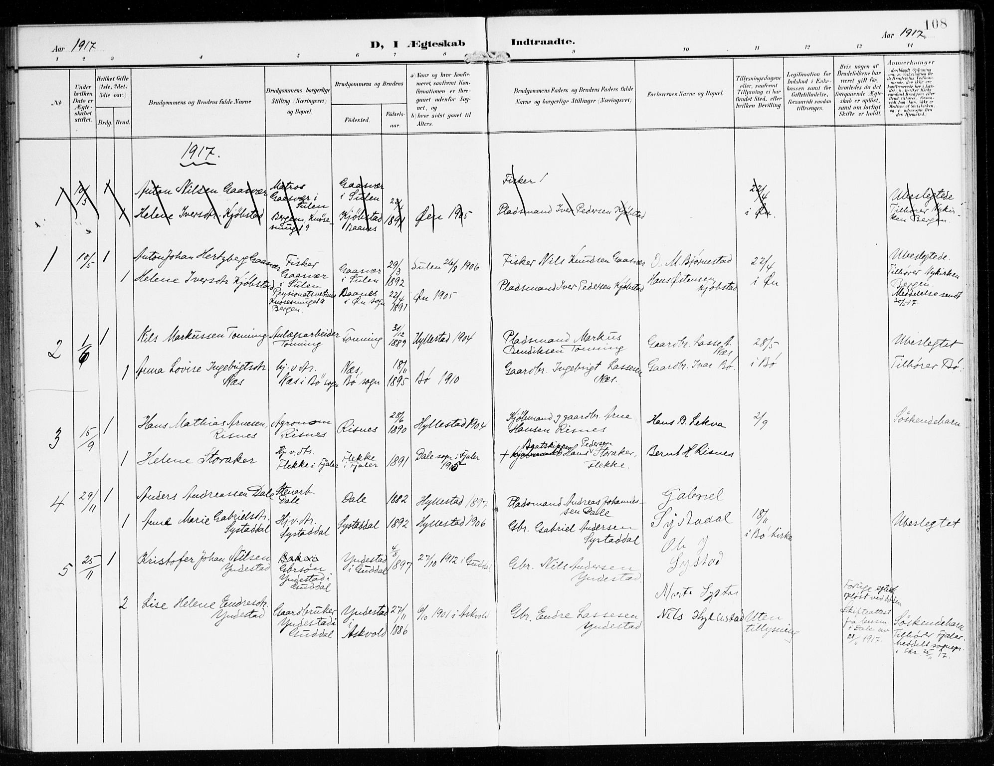 Hyllestad sokneprestembete, SAB/A-80401: Parish register (official) no. B 2, 1903-1917, p. 108