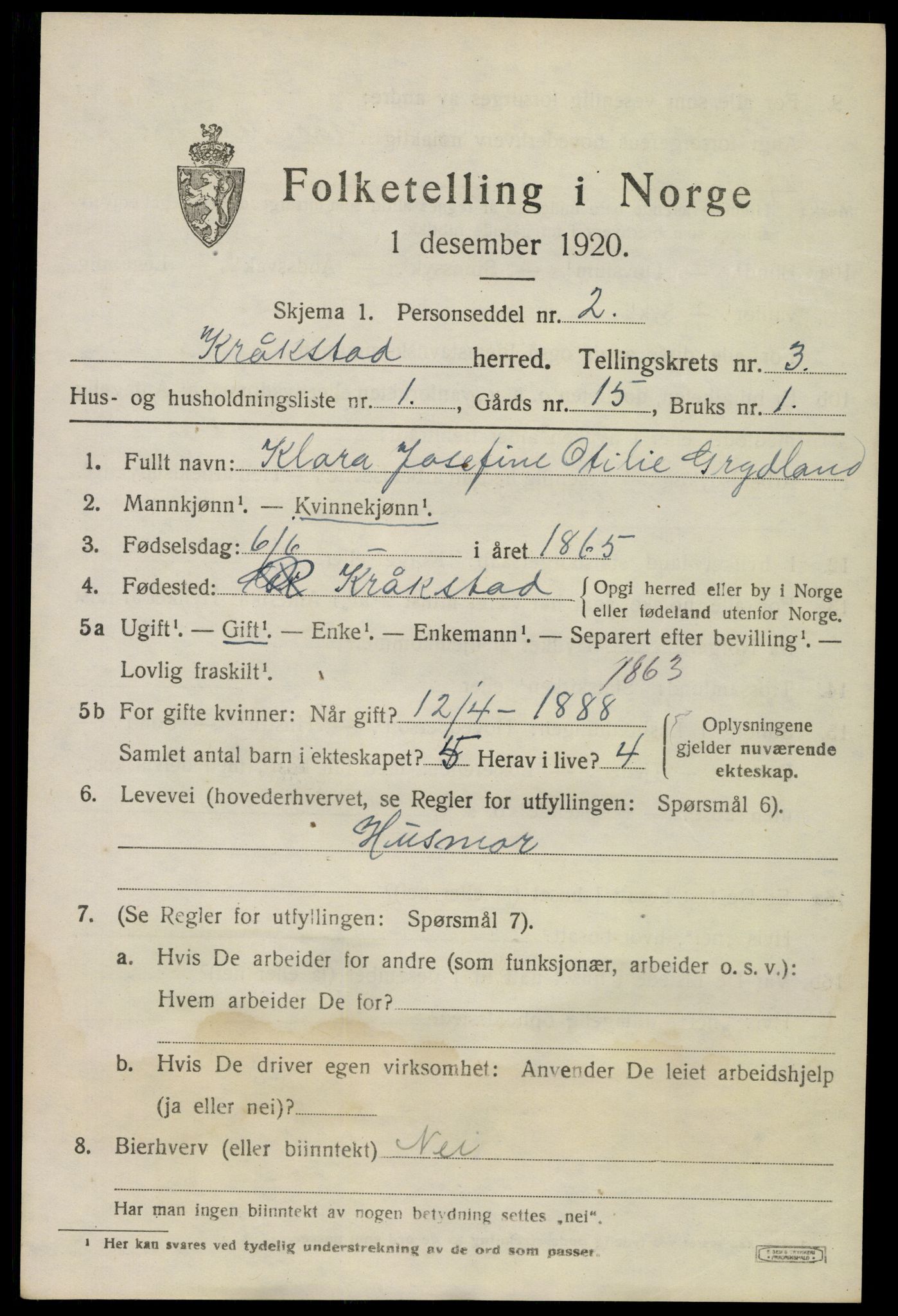 SAO, 1920 census for Kråkstad, 1920, p. 3359