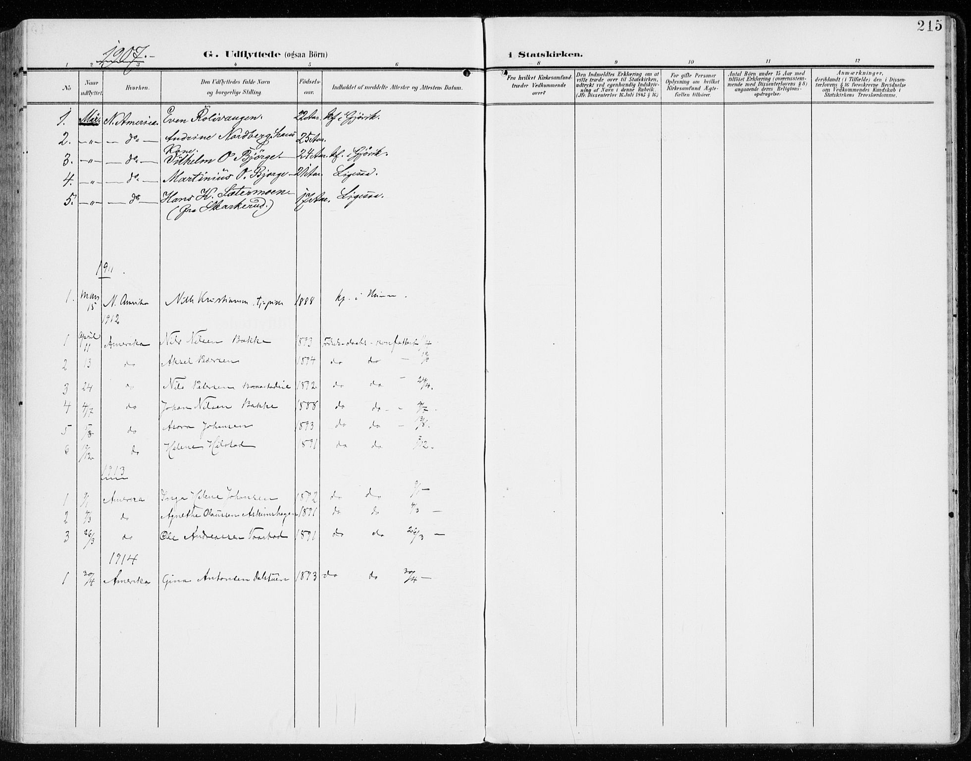 Vardal prestekontor, SAH/PREST-100/H/Ha/Haa/L0016: Parish register (official) no. 16, 1904-1916, p. 215