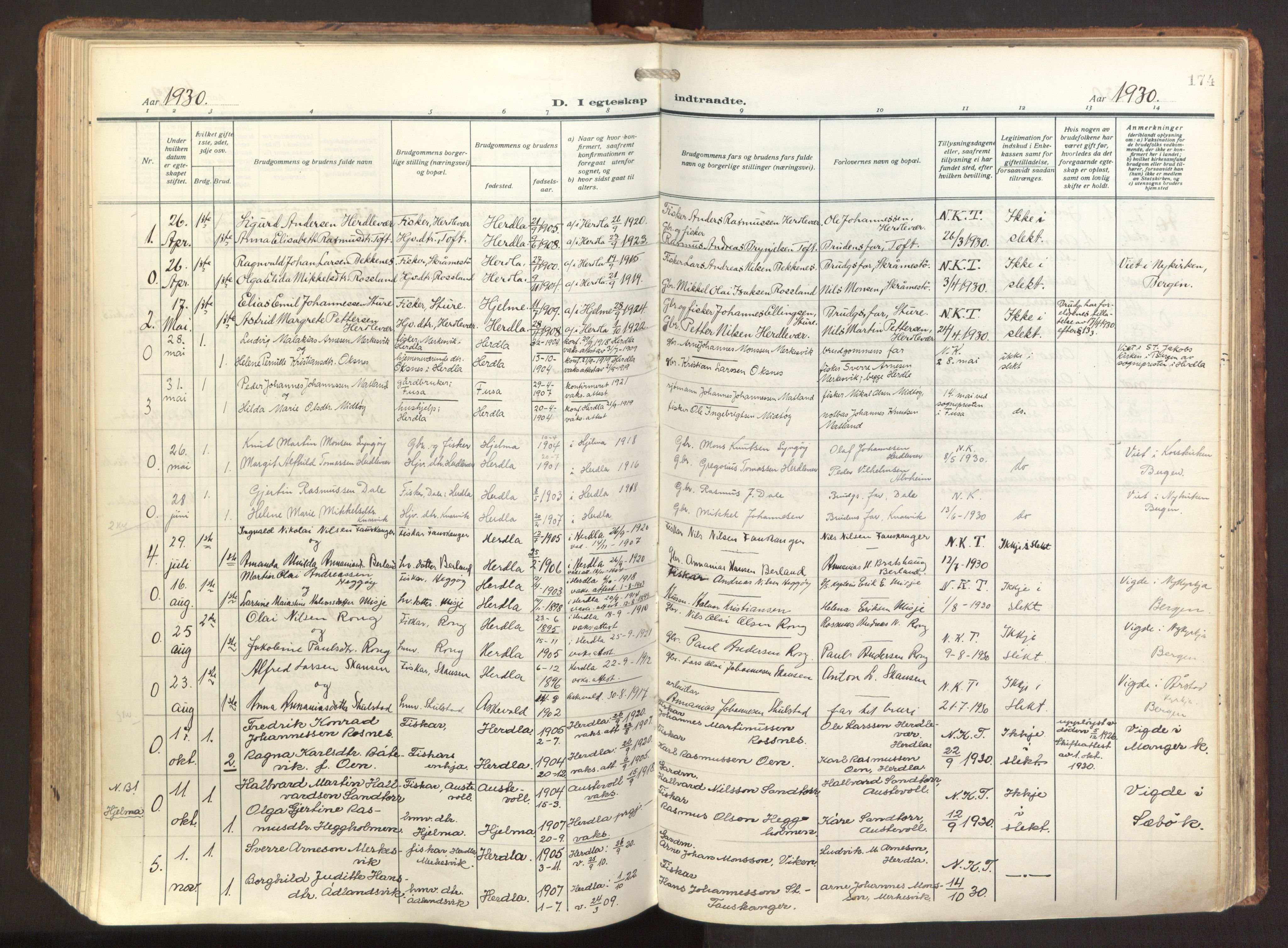 Herdla Sokneprestembete, SAB/A-75701/H/Haa: Parish register (official) no. A 6, 1918-1933, p. 174
