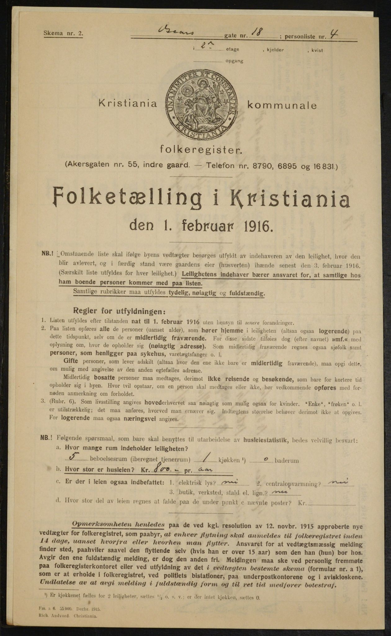 OBA, Municipal Census 1916 for Kristiania, 1916, p. 78115