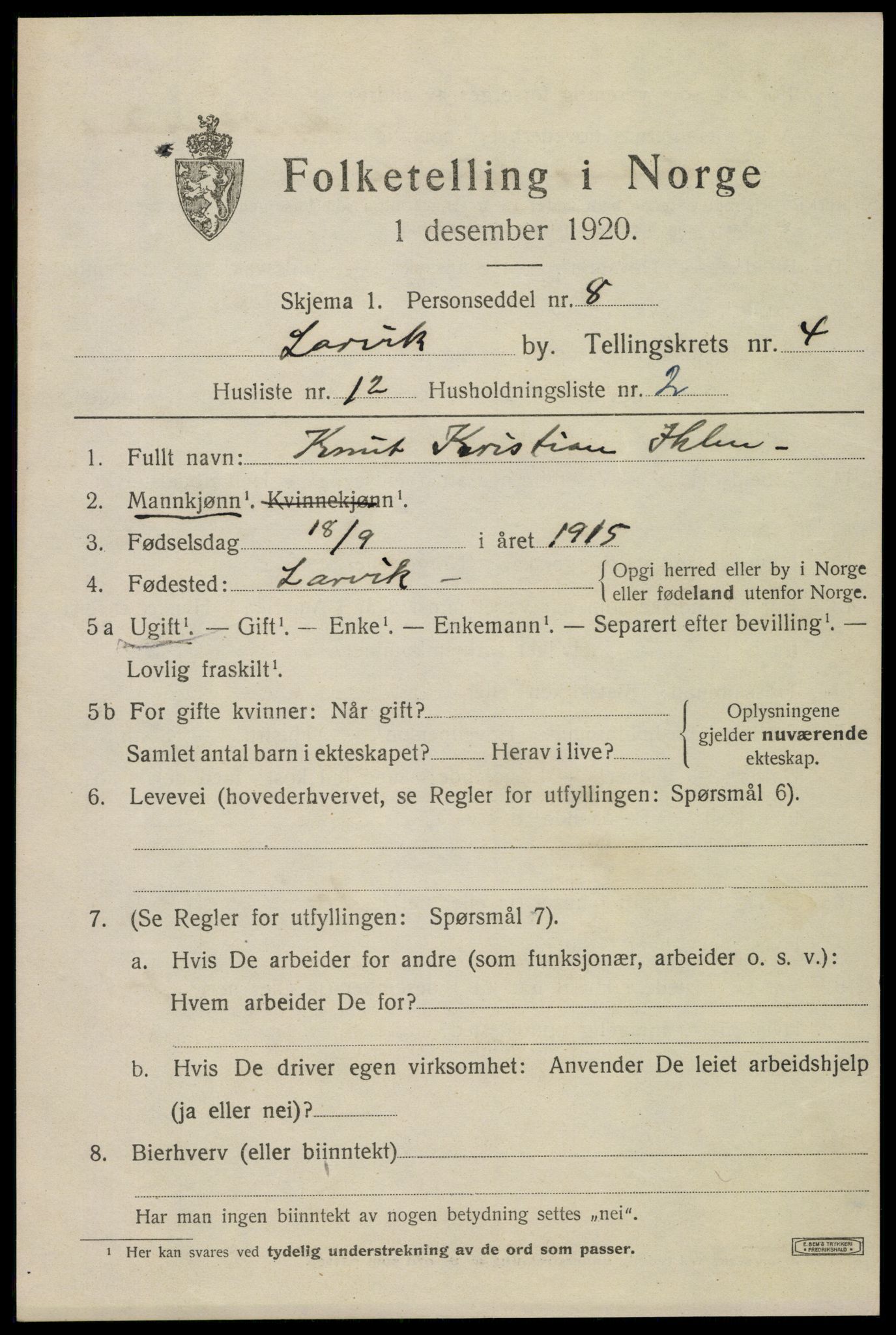 SAKO, 1920 census for Larvik, 1920, p. 13636