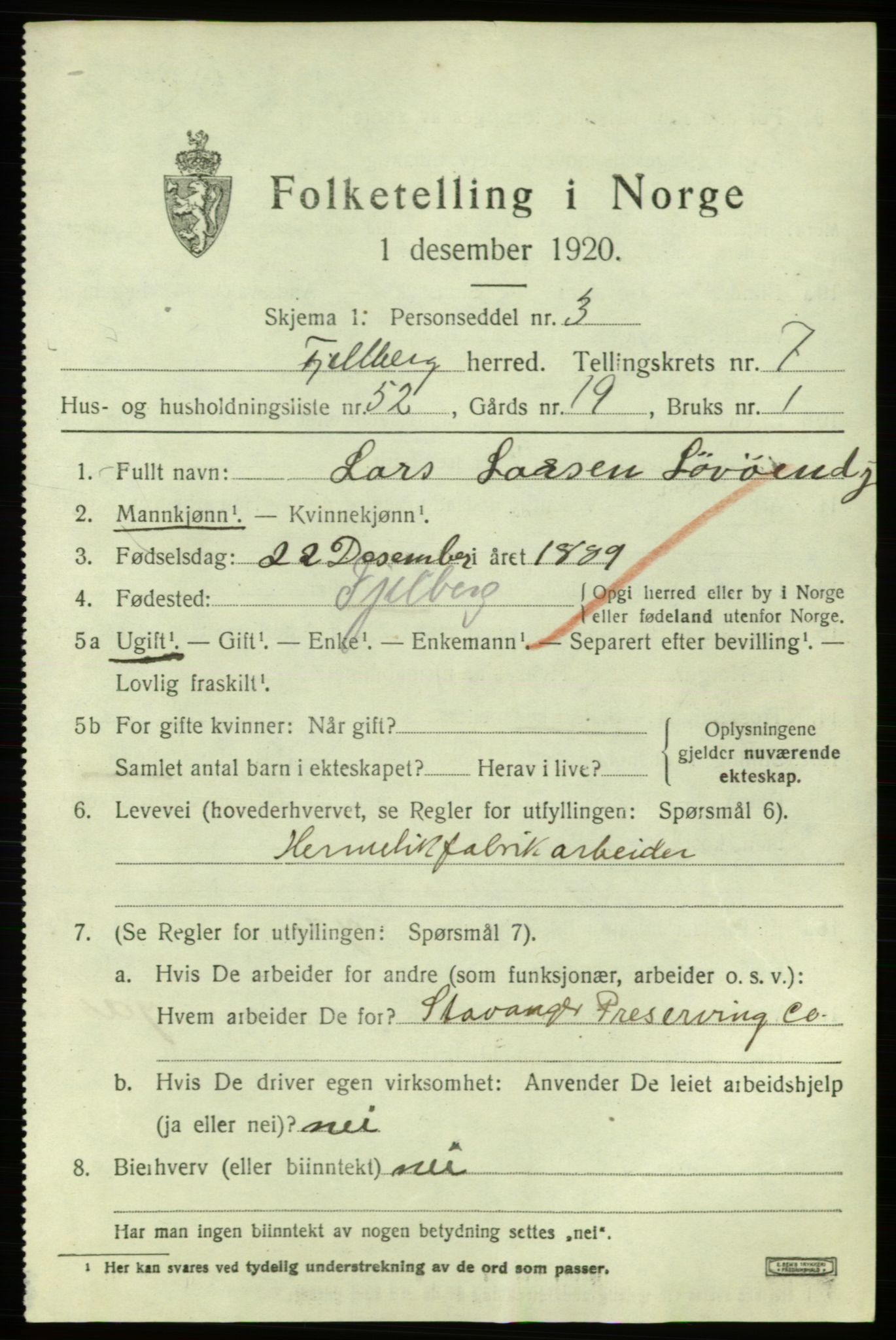 SAB, 1920 census for Fjelberg, 1920, p. 3271