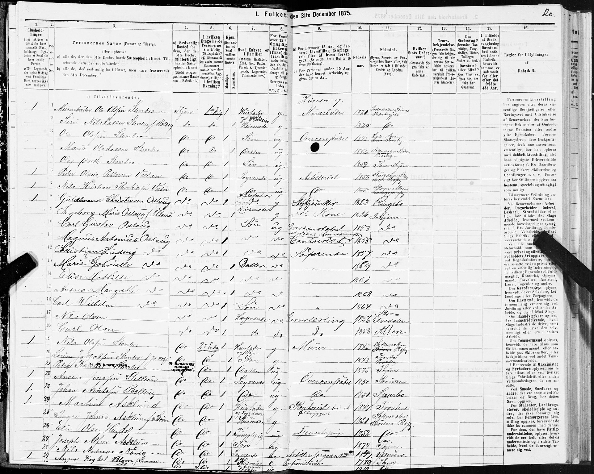 SAT, 1875 census for 1601 Trondheim, 1875, p. 4020