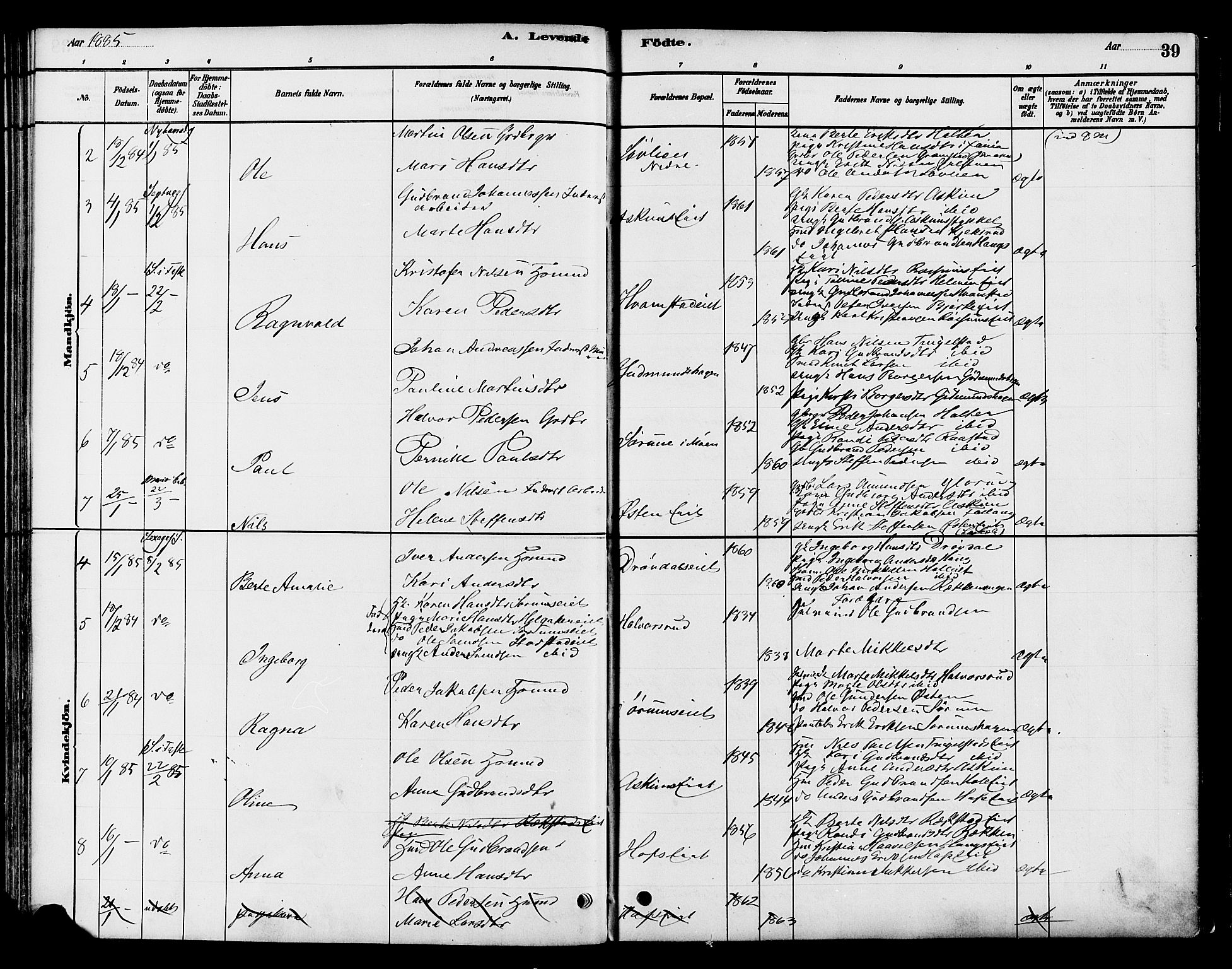 Gran prestekontor, SAH/PREST-112/H/Ha/Haa/L0016: Parish register (official) no. 16, 1880-1888, p. 39