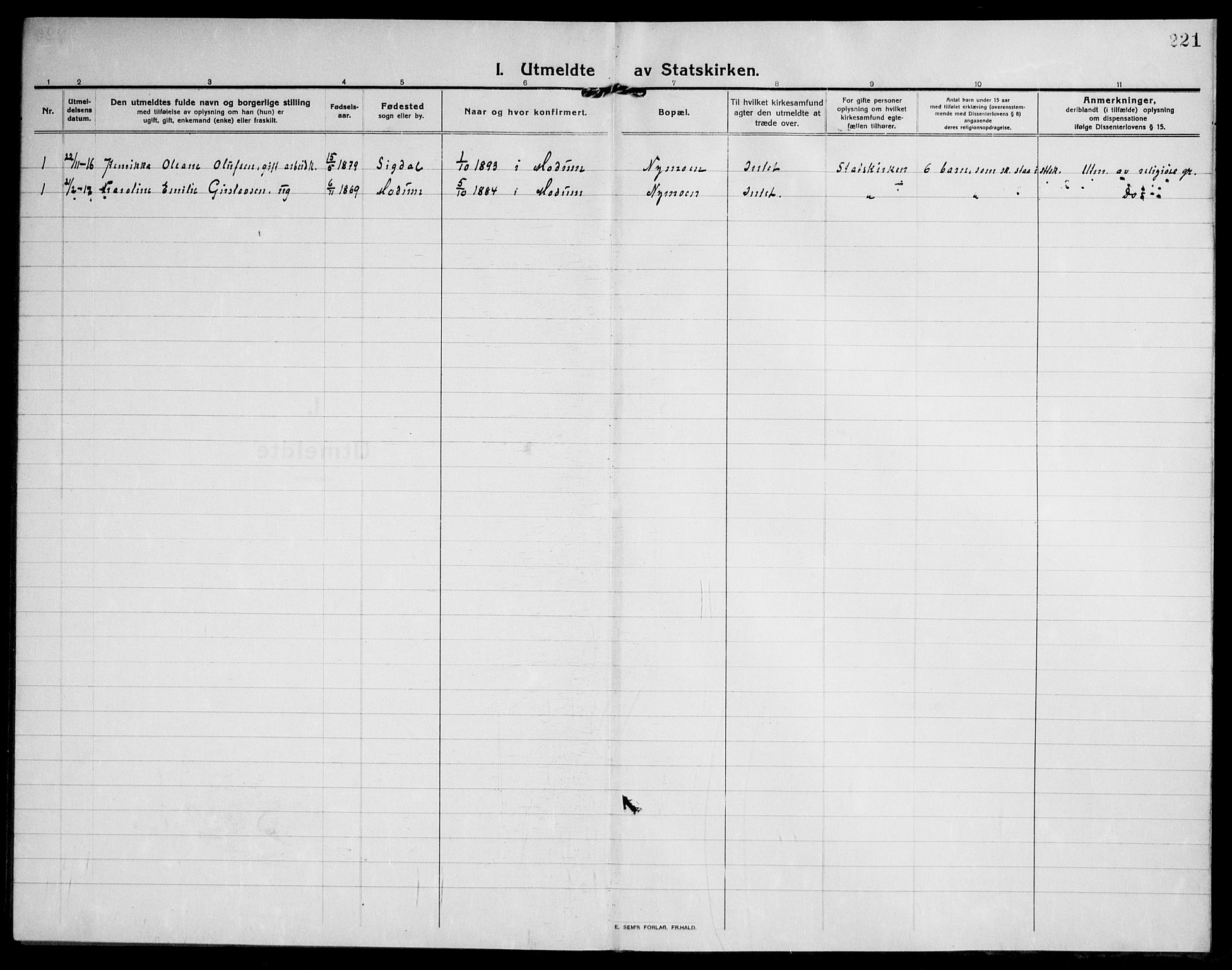 Modum kirkebøker, AV/SAKO-A-234/F/Fa/L0018: Parish register (official) no. 18, 1912-1924, p. 221
