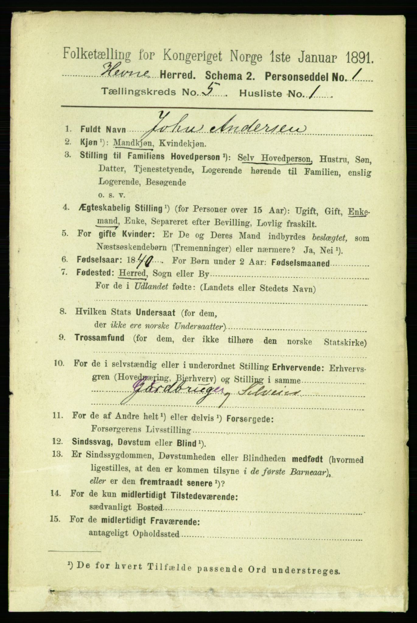 RA, 1891 census for 1612 Hemne, 1891, p. 2480