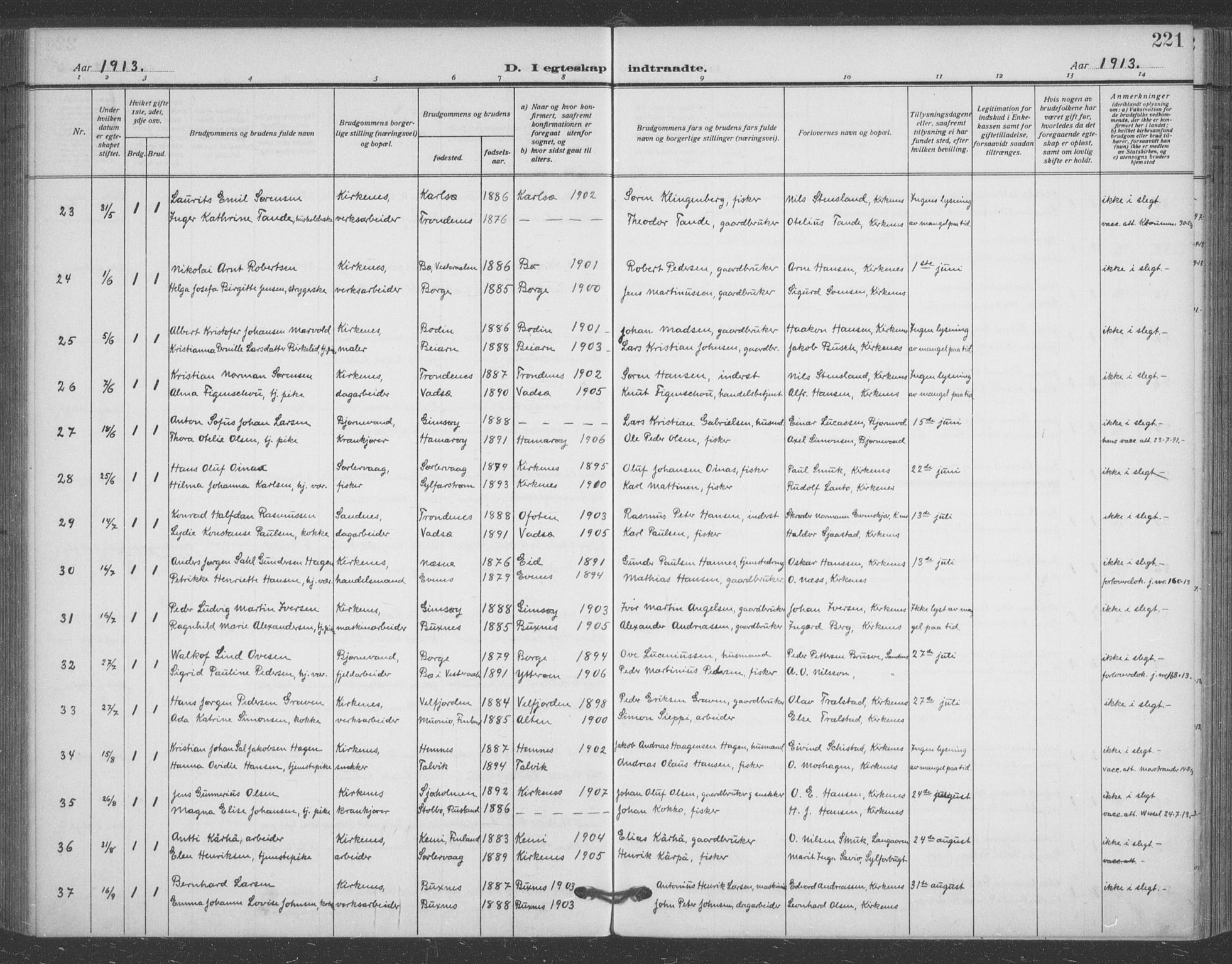 Sør-Varanger sokneprestkontor, AV/SATØ-S-1331/H/Ha/L0005kirke: Parish register (official) no. 5, 1909-1919, p. 221