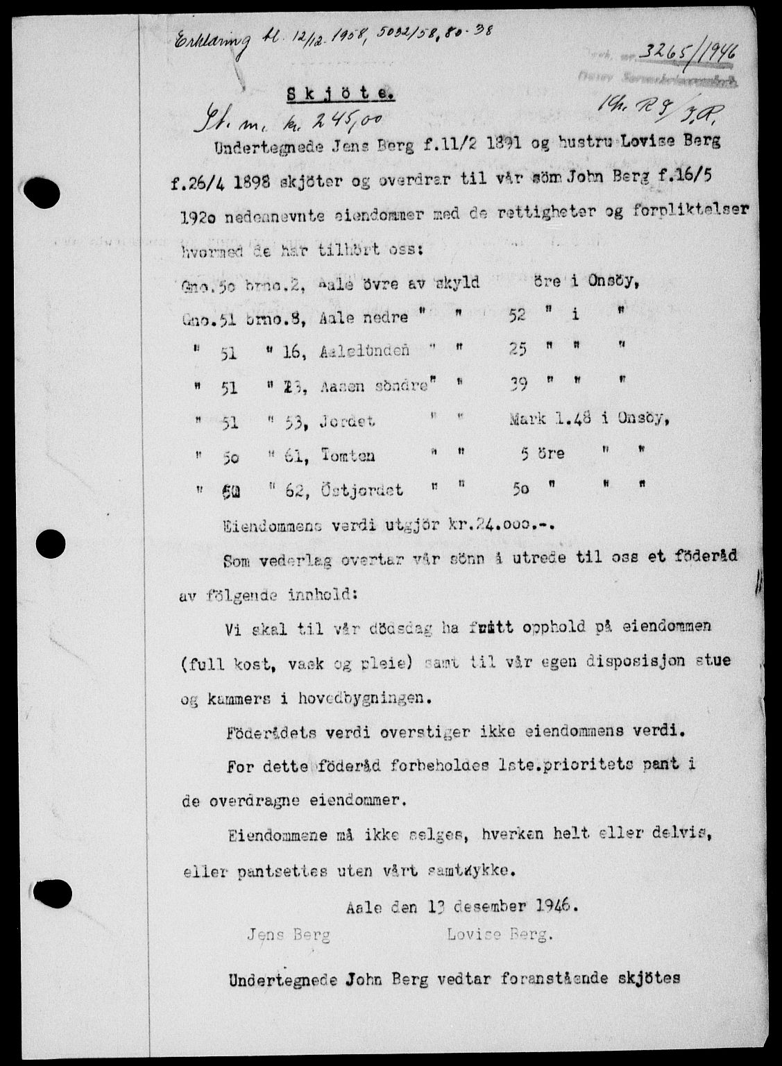 Onsøy sorenskriveri, SAO/A-10474/G/Ga/Gab/L0018: Mortgage book no. II A-18, 1946-1947, Diary no: : 3265/1946