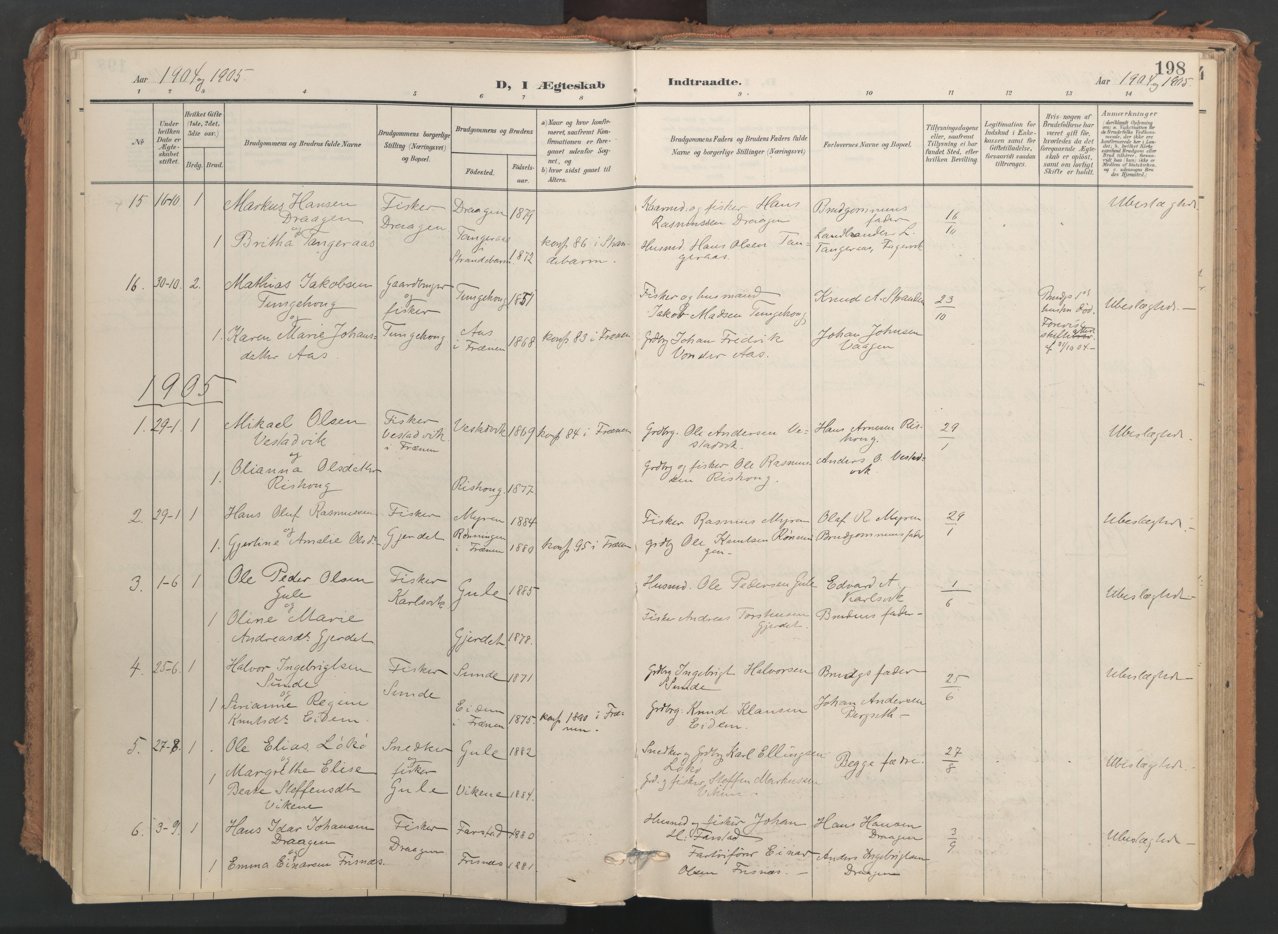 Ministerialprotokoller, klokkerbøker og fødselsregistre - Møre og Romsdal, SAT/A-1454/566/L0771: Parish register (official) no. 566A10, 1904-1929, p. 198