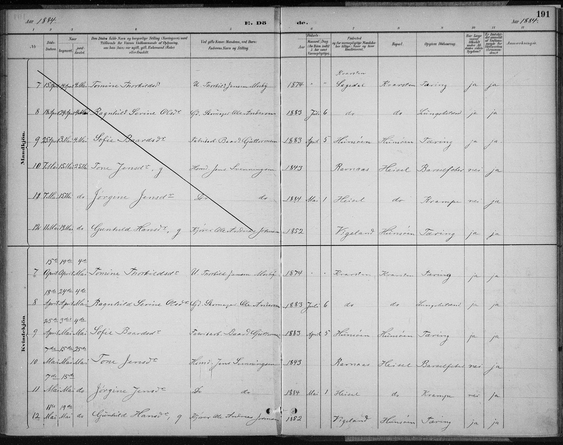 Vennesla sokneprestkontor, AV/SAK-1111-0045/Fa/Fab/L0004: Parish register (official) no. A 4, 1884-1896, p. 191