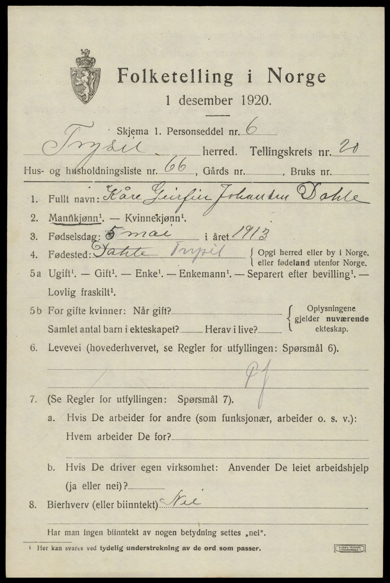 SAH, 1920 census for Trysil, 1920, p. 13755