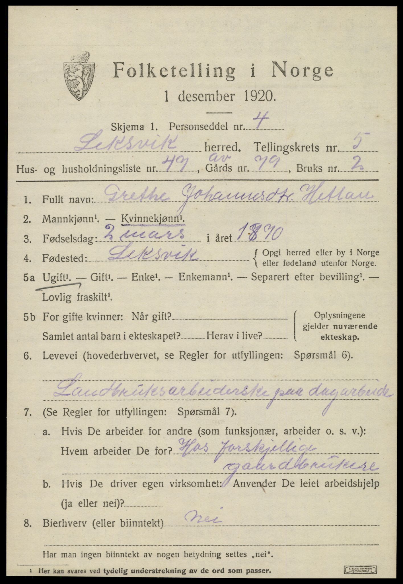 SAT, 1920 census for Leksvik, 1920, p. 5412