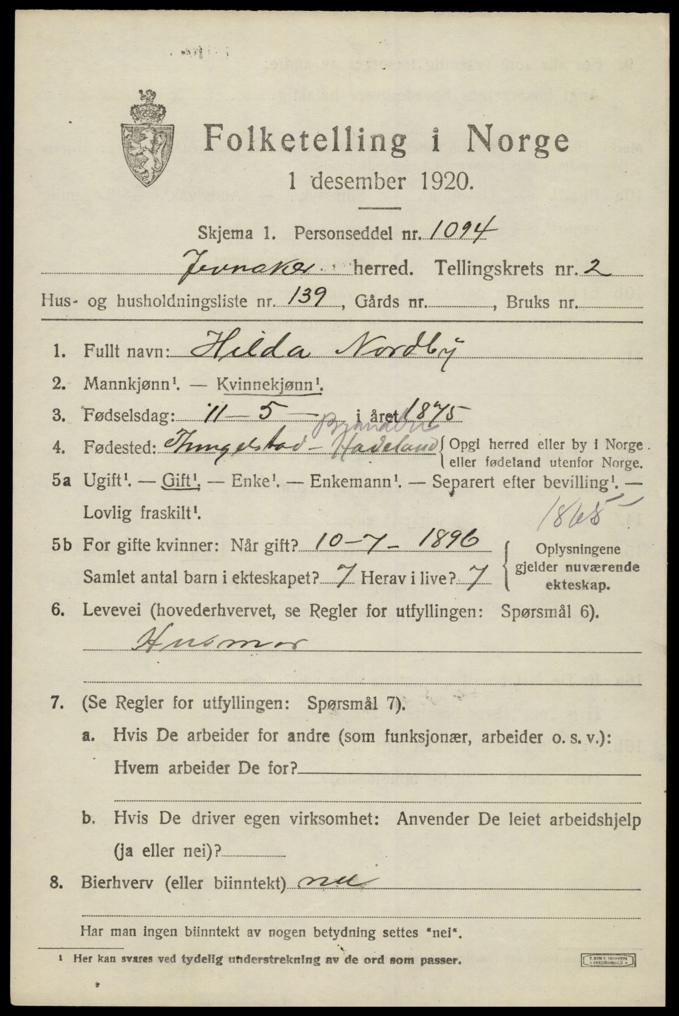 SAH, 1920 census for Jevnaker, 1920, p. 3589