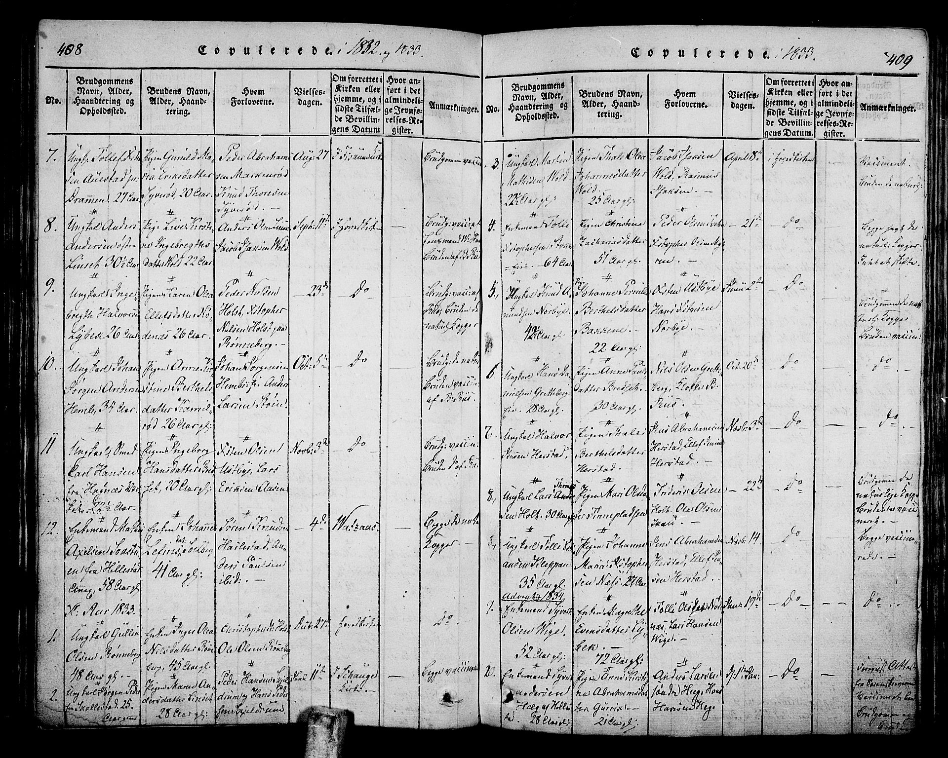 Hof kirkebøker, SAKO/A-64/F/Fa/L0004: Parish register (official) no. I 4, 1814-1843, p. 408-409