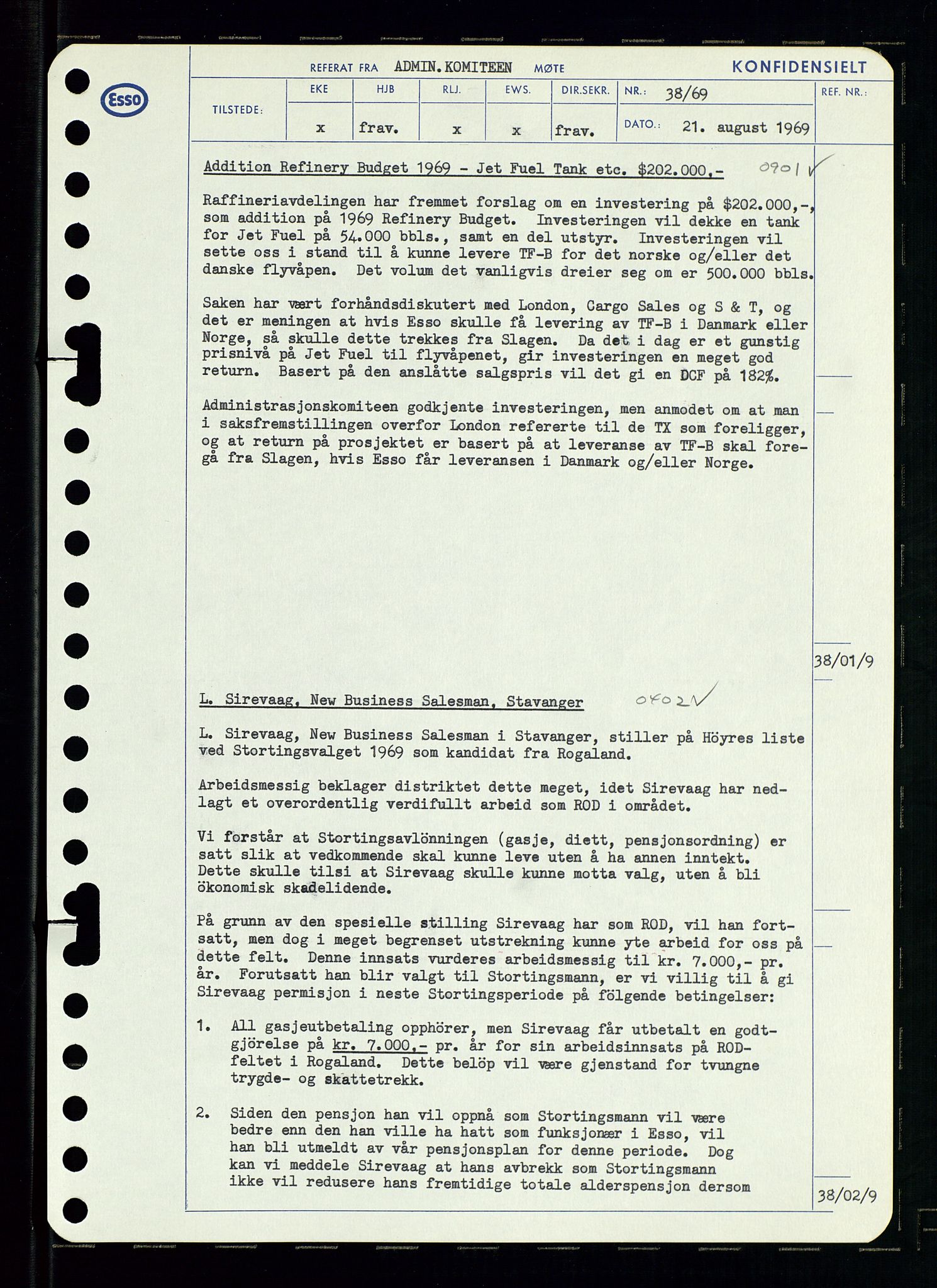 Pa 0982 - Esso Norge A/S, AV/SAST-A-100448/A/Aa/L0003/0001: Den administrerende direksjon Board minutes (styrereferater) og Bedriftforsamlingsprotokoll / Den administrerende direksjon Board minutes (styrereferater), 1969, p. 104