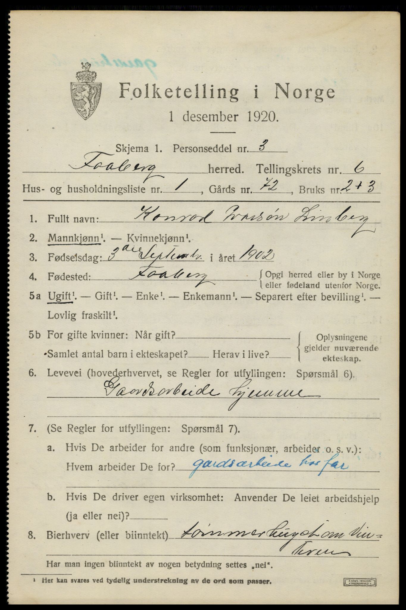 SAH, 1920 census for Fåberg, 1920, p. 7346