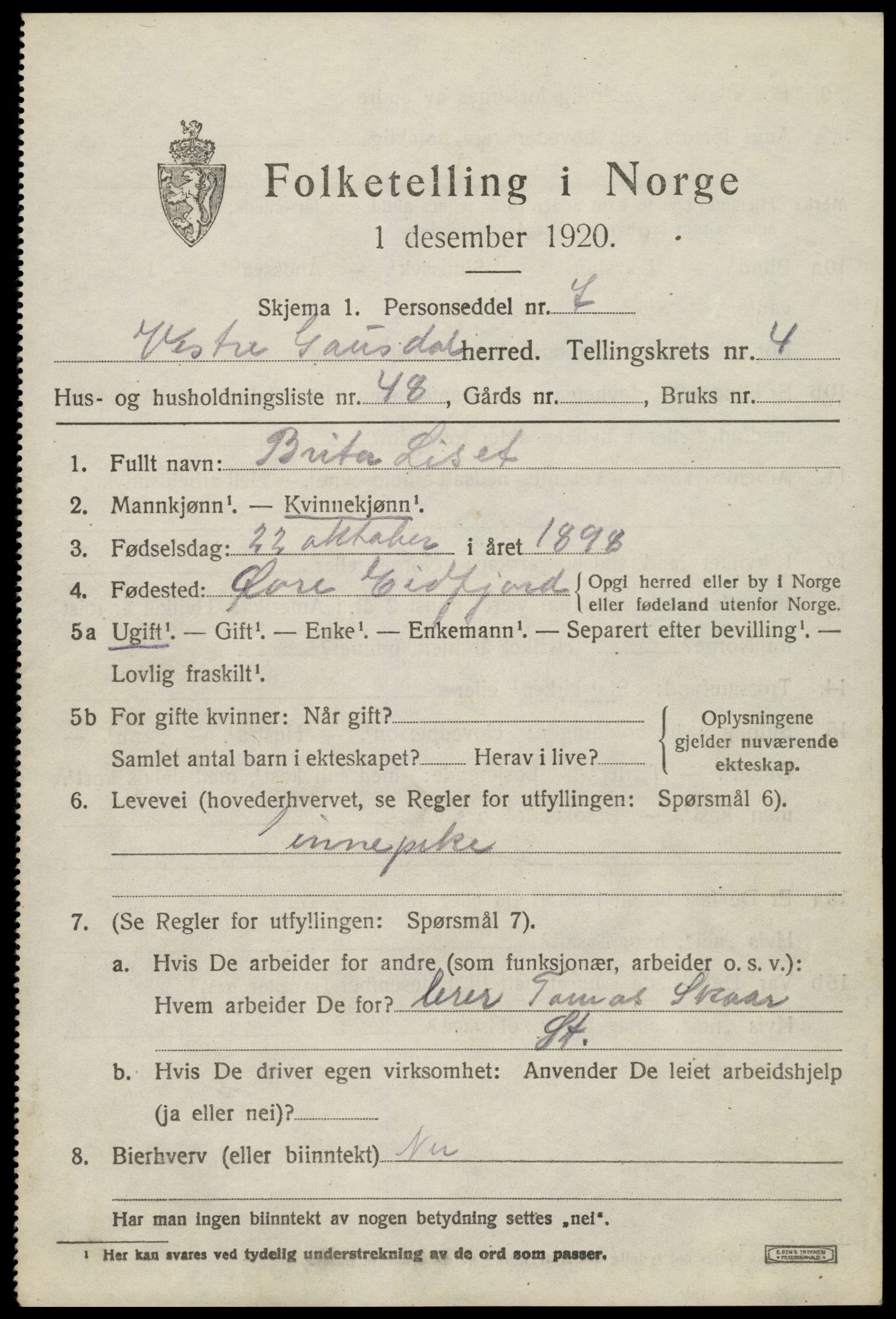 SAH, 1920 census for Vestre Gausdal, 1920, p. 3683