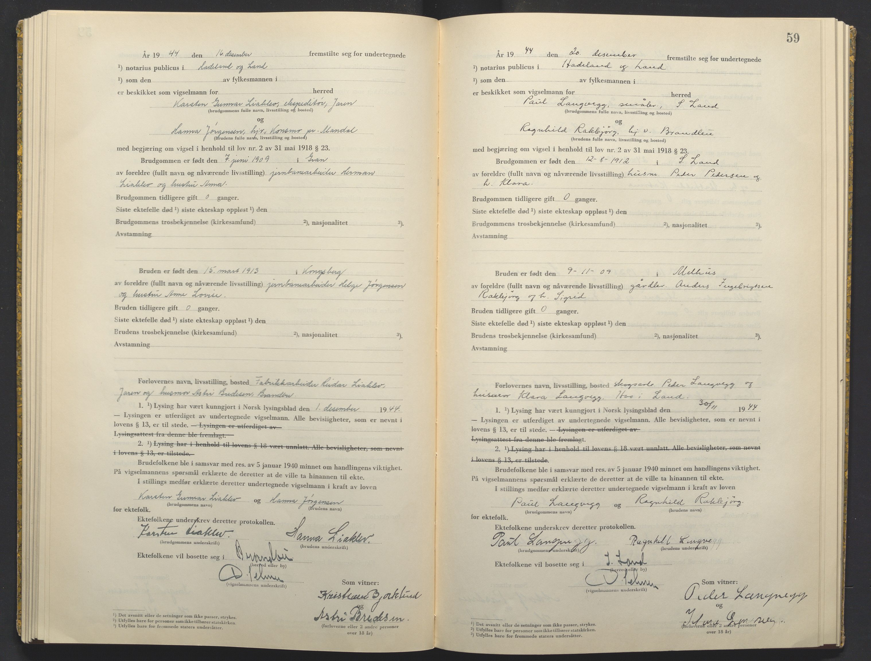 Hadeland og Land tingrett, AV/SAH-TING-010/L/Lb/L0003: Vigselbok, 1944-1946, p. 59
