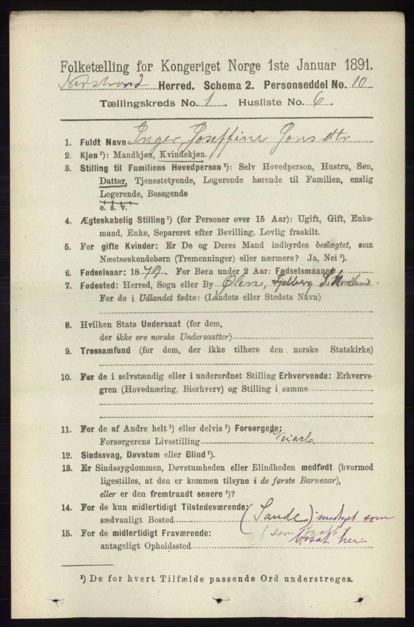 RA, 1891 census for 1139 Nedstrand, 1891, p. 105