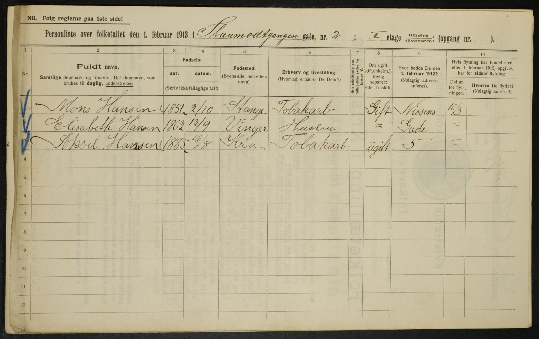 OBA, Municipal Census 1913 for Kristiania, 1913, p. 96942