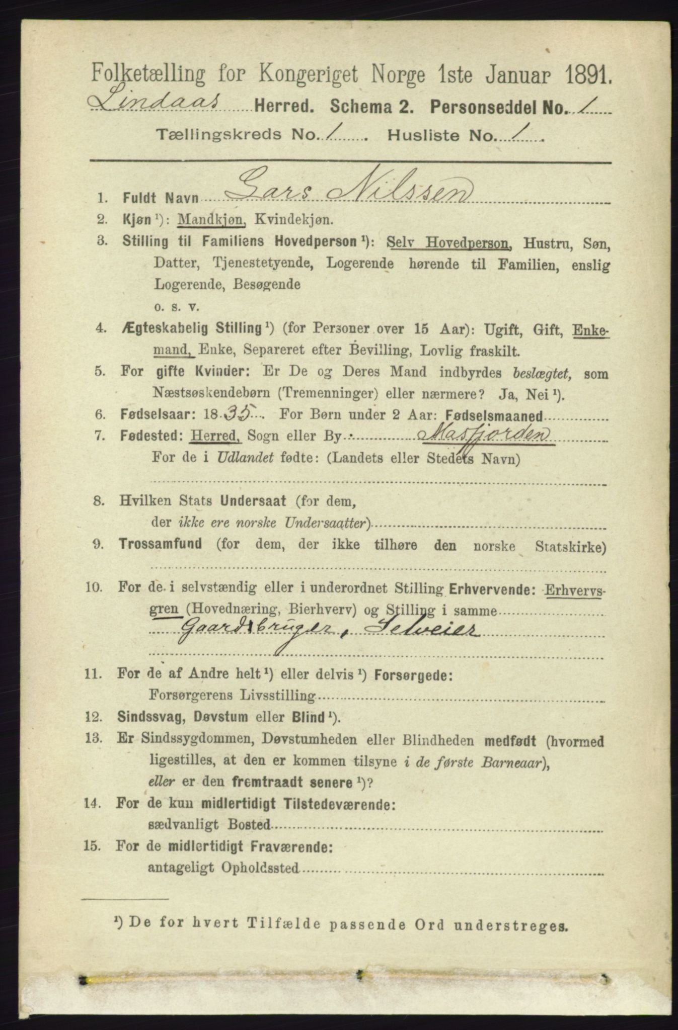 RA, 1891 census for 1263 Lindås, 1891, p. 92