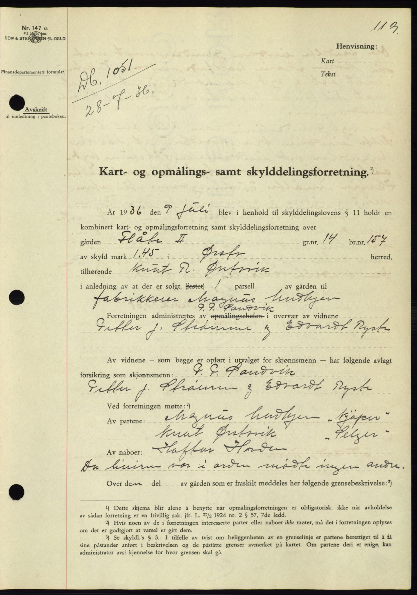 Søre Sunnmøre sorenskriveri, AV/SAT-A-4122/1/2/2C/L0061: Mortgage book no. 55, 1936-1936, Diary no: : 1051/1936