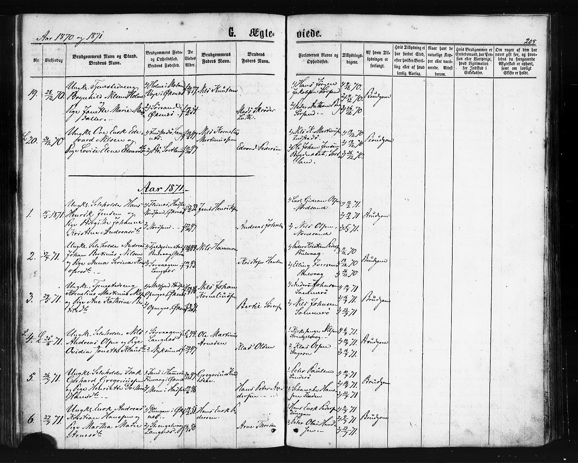 Ministerialprotokoller, klokkerbøker og fødselsregistre - Nordland, AV/SAT-A-1459/893/L1334: Parish register (official) no. 893A07, 1867-1877, p. 205