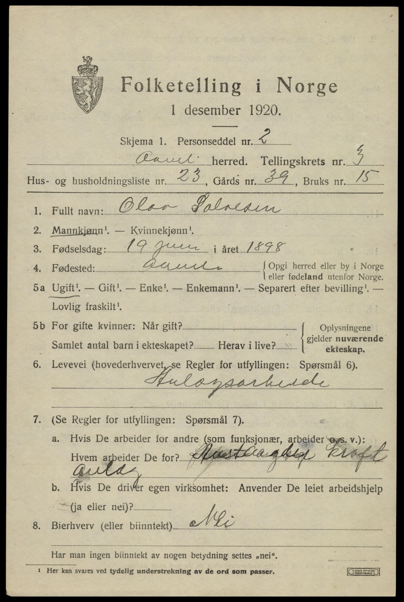 SAK, 1920 census for Åmli, 1920, p. 1515