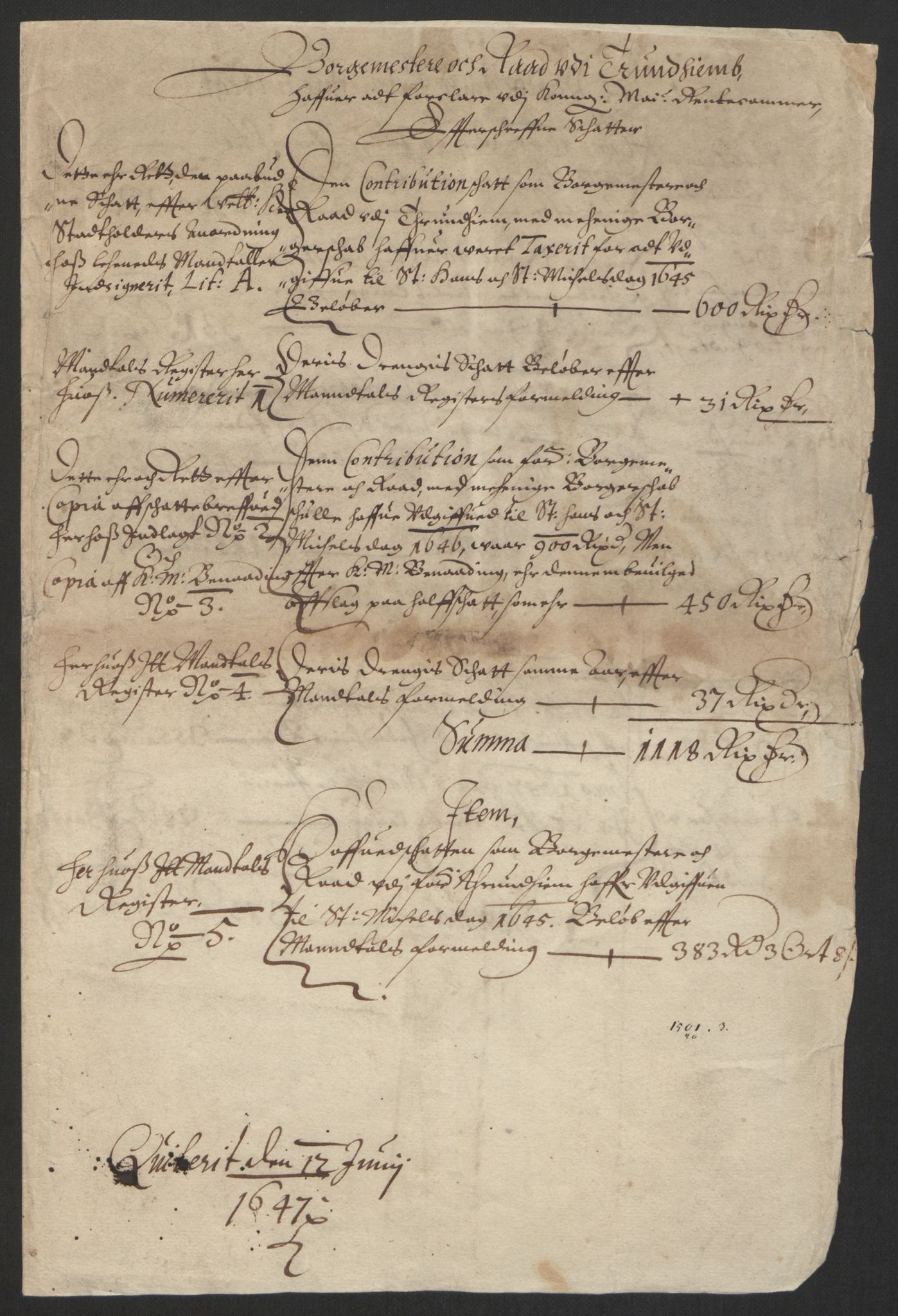 Rentekammeret inntil 1814, Reviderte regnskaper, Byregnskaper, RA/EA-4066/R/Rs/L0504: [S1] Kontribusjonsregnskap, 1631-1684, p. 40