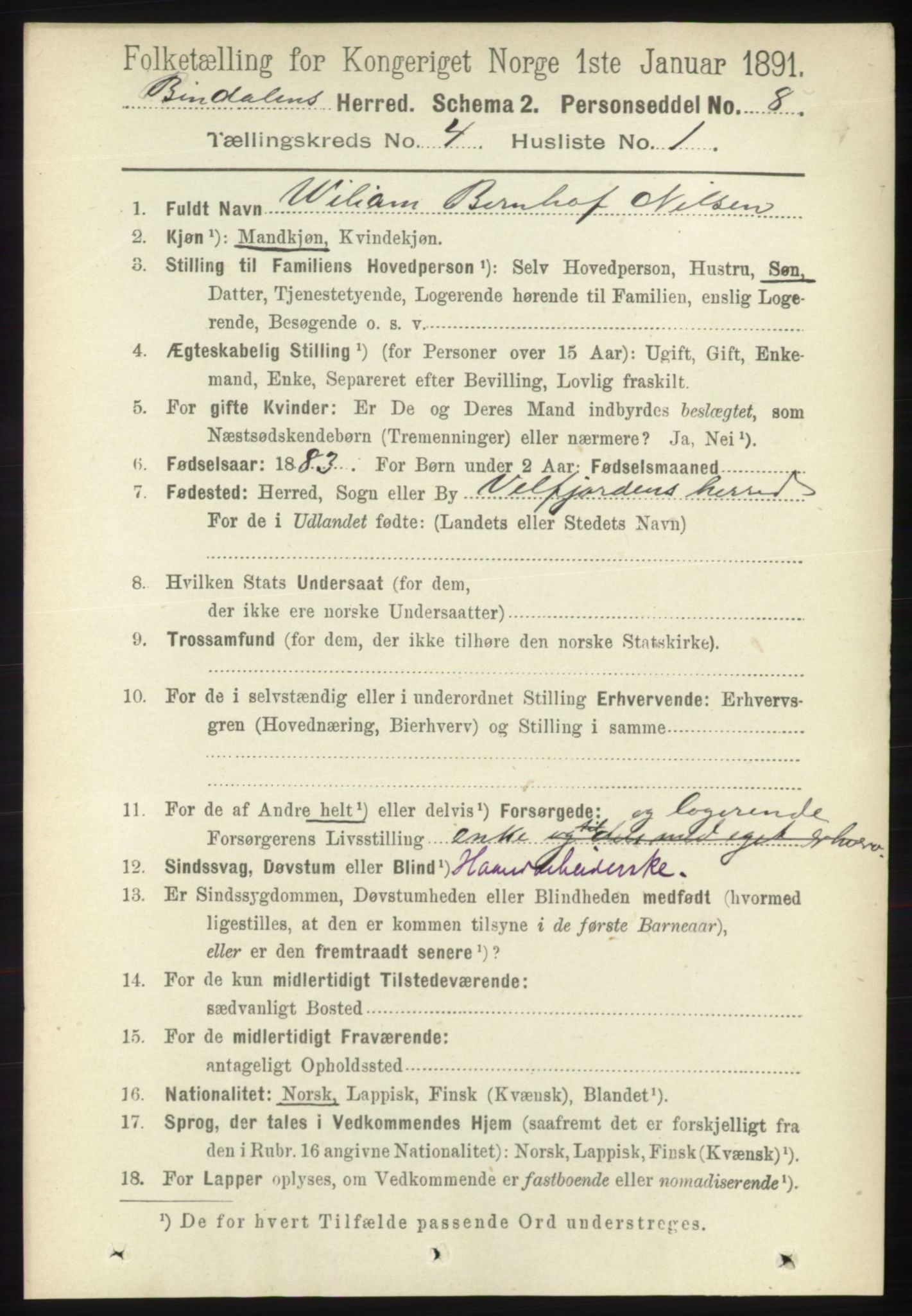 RA, 1891 census for 1811 Bindal, 1891, p. 1042