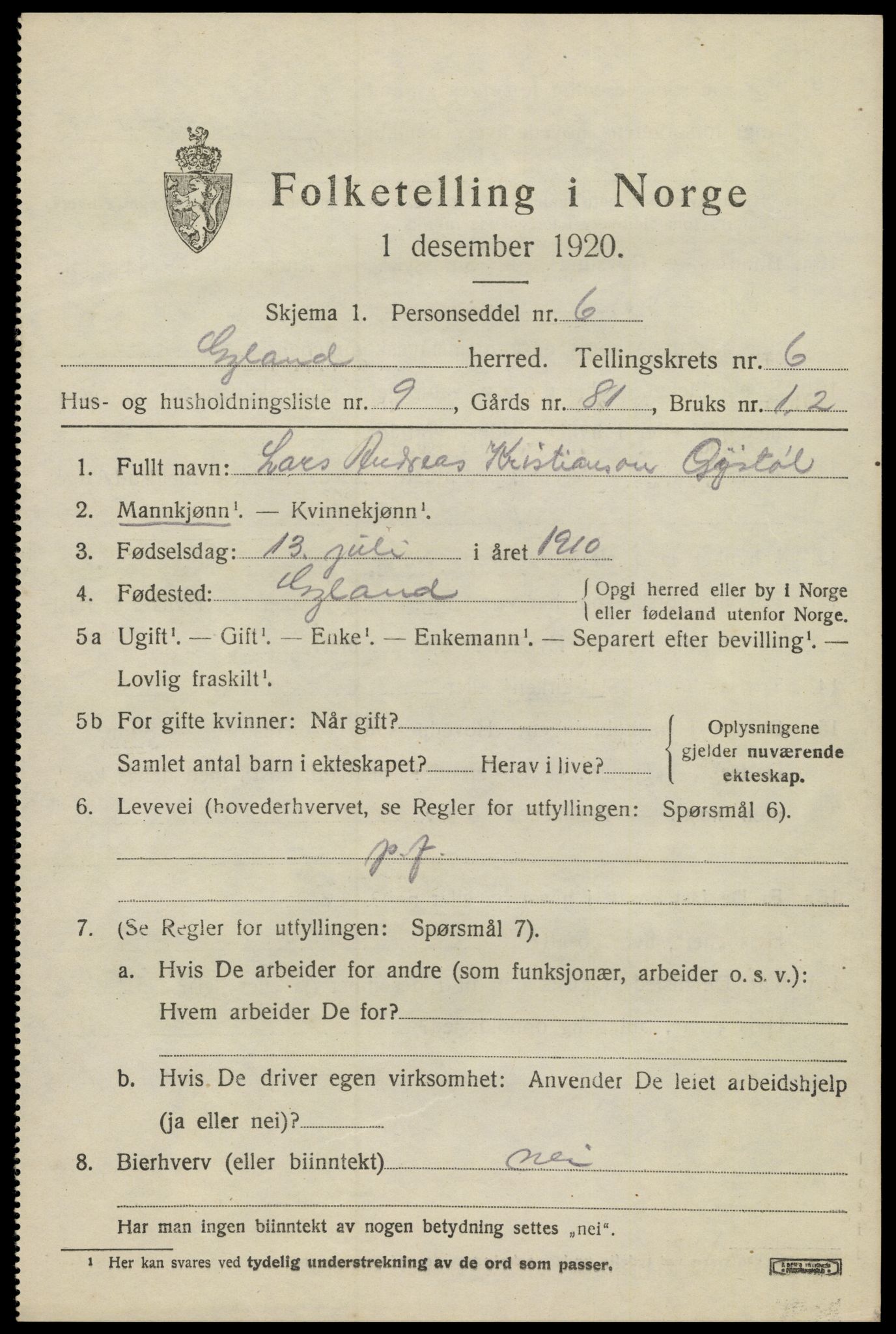 SAK, 1920 census for Gyland, 1920, p. 1434