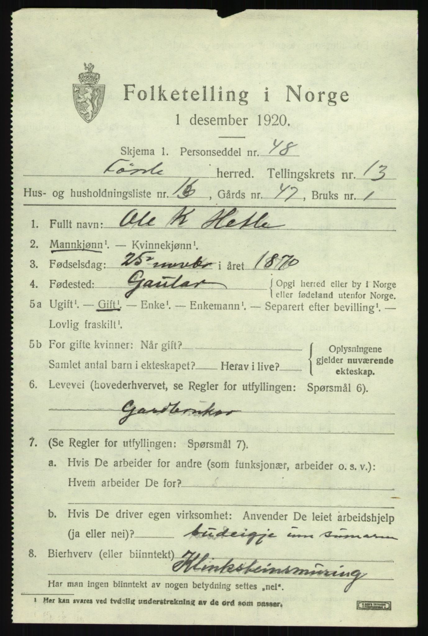 SAB, 1920 census for Førde, 1920, p. 4860