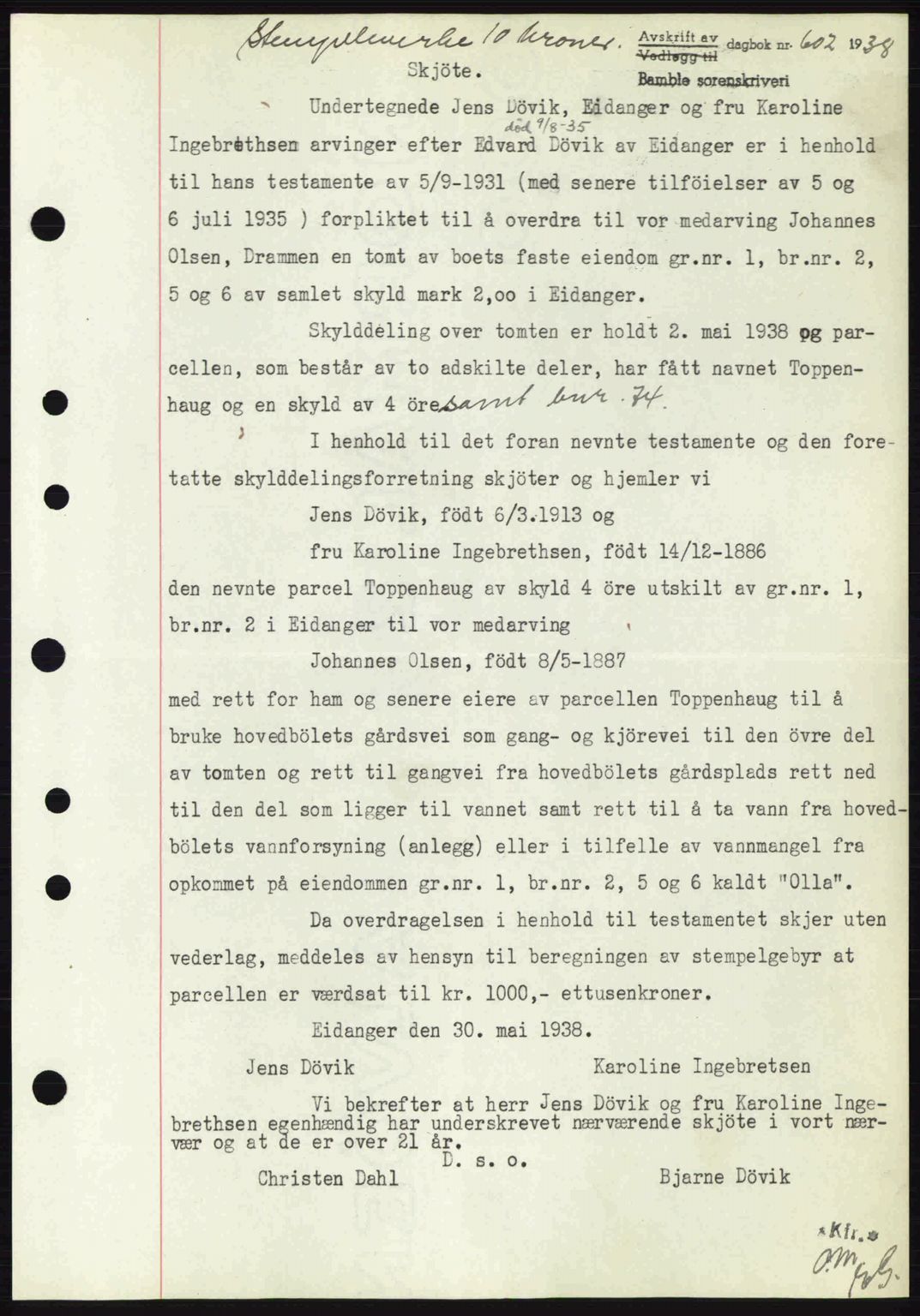 Bamble sorenskriveri, AV/SAKO-A-214/G/Ga/Gag/L0002: Mortgage book no. A-2, 1937-1938, Diary no: : 602/1938